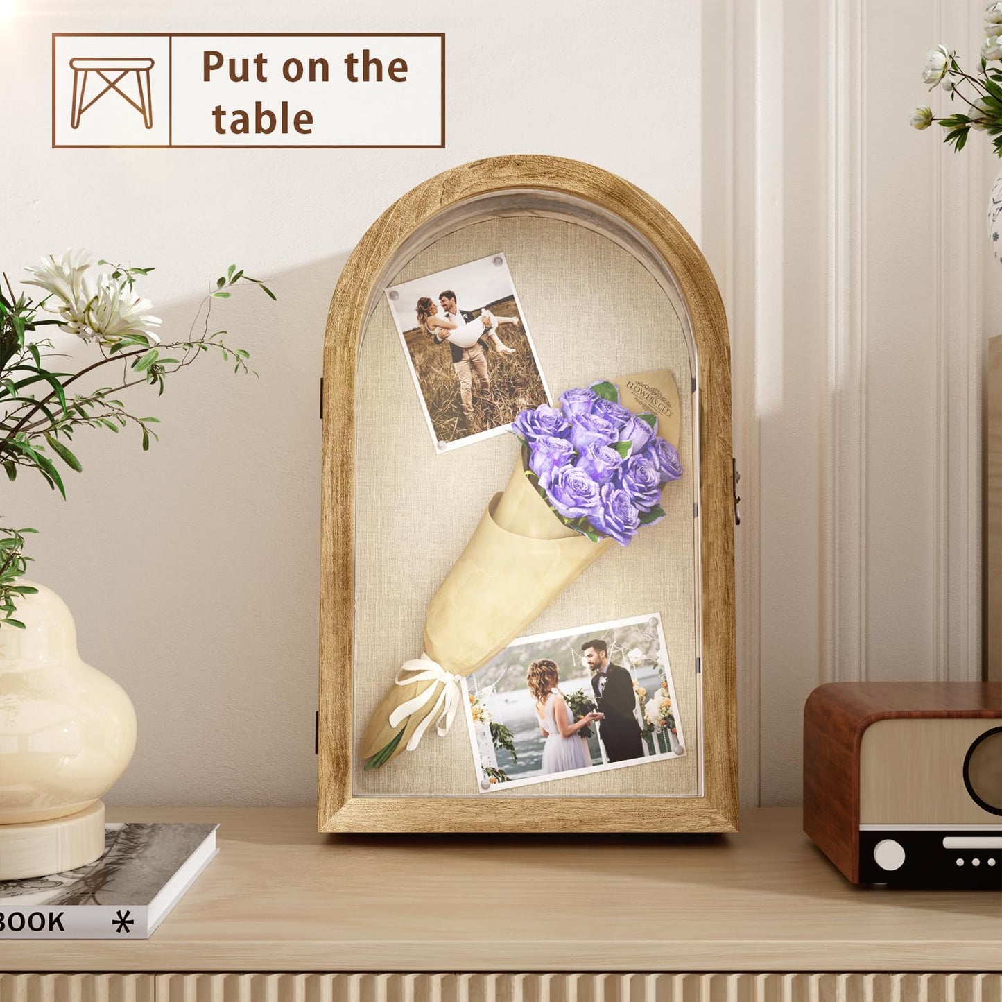 REFGY Arched Shadow Box Frame 16.3"x9.8" for Flowers & Photos - 3.9" Deep Wooden Shadowbox Picture Frame with 4 Removable Shelves - Large Personalized Shadow Box for Wedding Memorabilia
