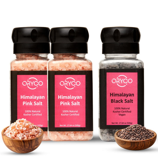 Oryco Himalayan Salt Grinder Set 3 Pack (2 Pink + 1 Black Kala Namak, 500g Each) – Refillable Grinders, 100% Natural, Kosher, Non-GMO, Coarse Salt for Cooking, Vegan & Seasoning