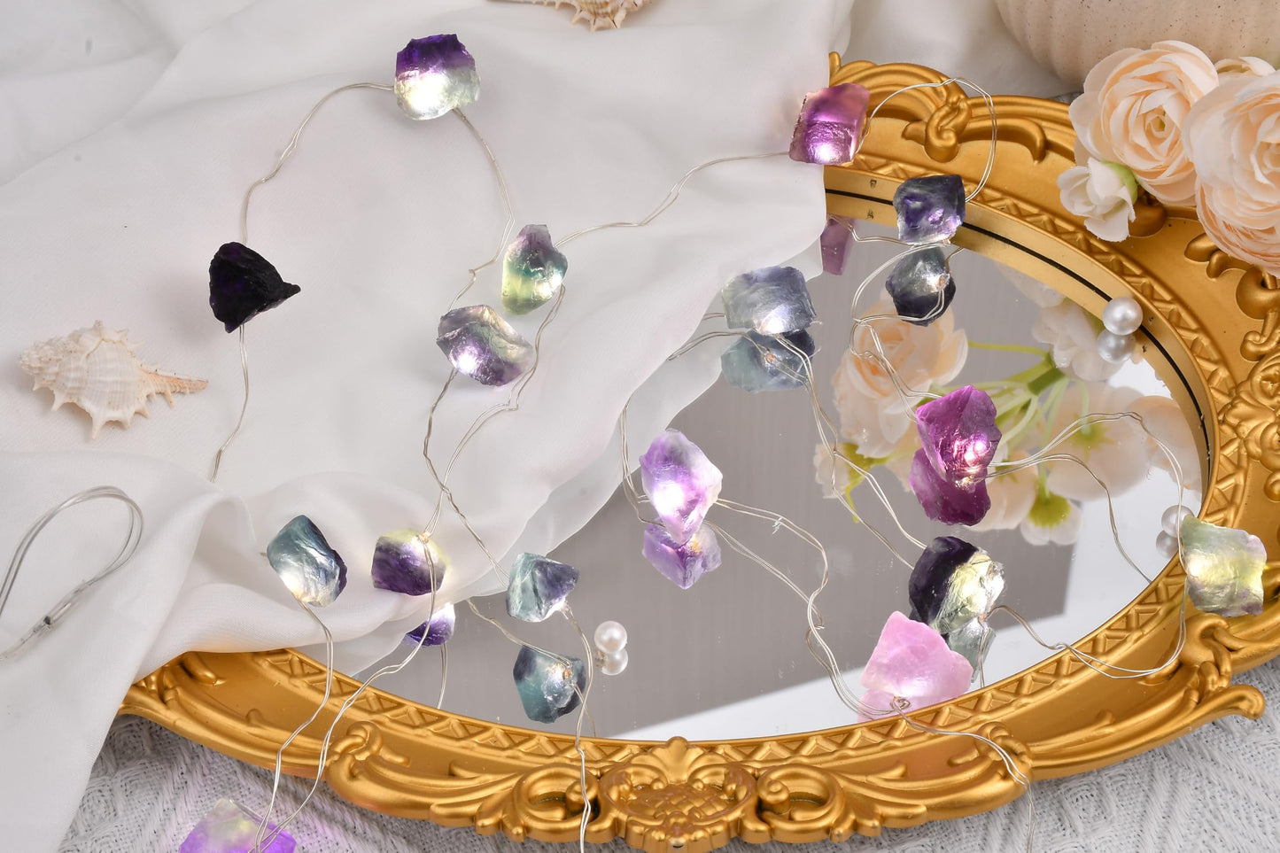 FLCSIed Nature Colorful Fluorite Crystal String Lights 6.5 FT 20 LED Powered by AA Batteries(not Included), Gift for Women Men, Bedroom Night Light, Mother's Day Wedding Gift (Multi-Color)