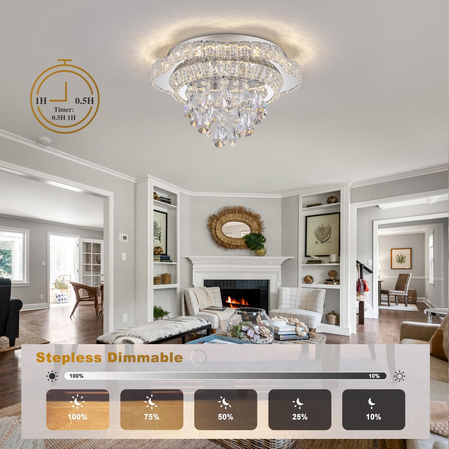 Kuailkag Silver 18" Modern Flush Mount Chandelier for Bedroom, LED Crystal Ceiling Light Over Table,Elegant Dining Room Lighting Fixture with Remote Control, 3CCT Dimmable
