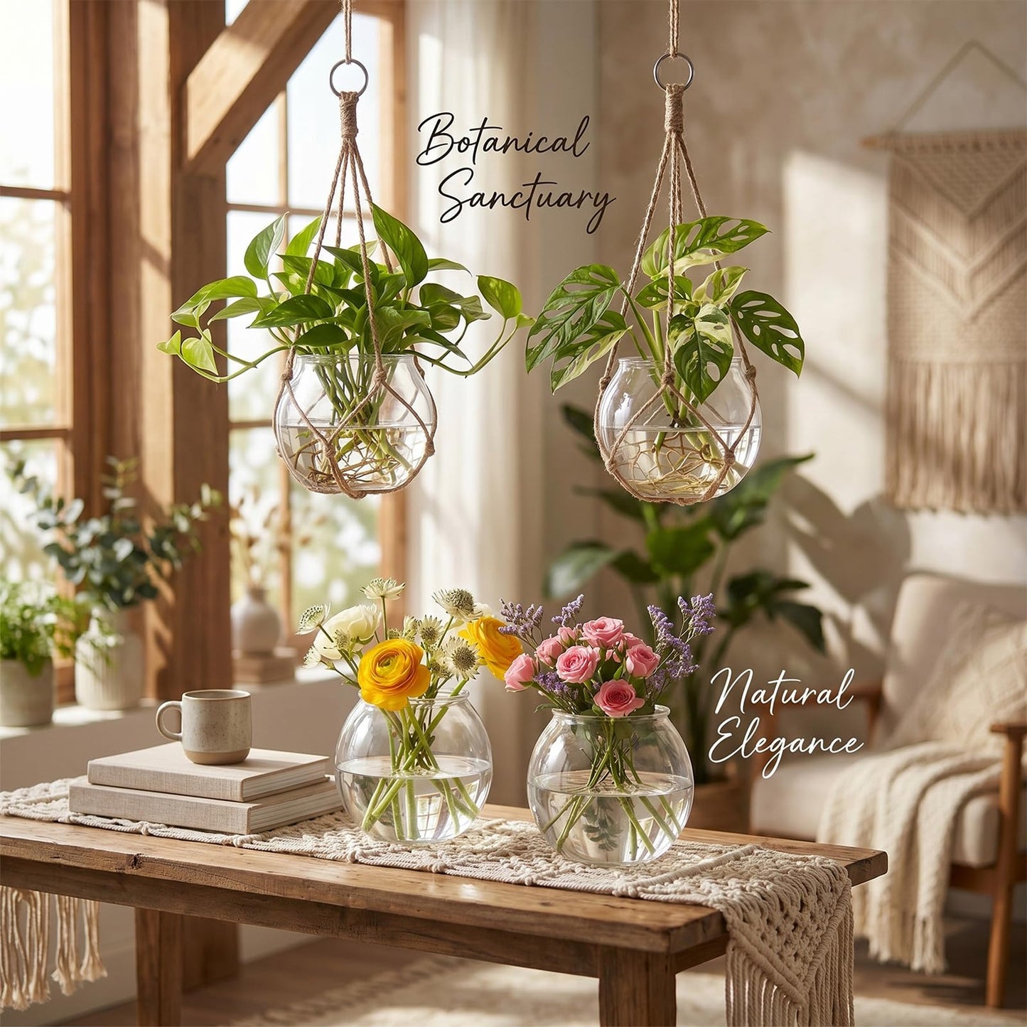 Ferrochef 4 Set Hanging Planter Terrarium, Plastic Propagation Stations Flower Vase Hydroponic Hanging Vase Clear Jar Plants Lover Gifts for Home House Warming Window Kitchen Office Decoration