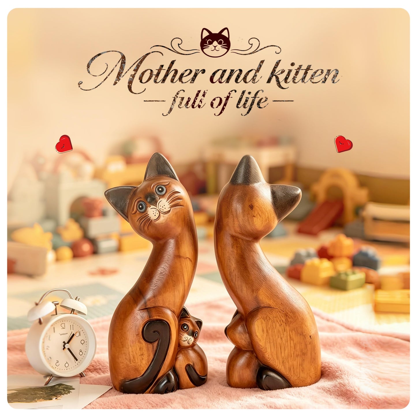 FENGSHUI-CAISHEN Top Wooden Cat Statue & Figurine, Kitten Decor, Kitty Sculpture, Cat Home Office Desk Decor