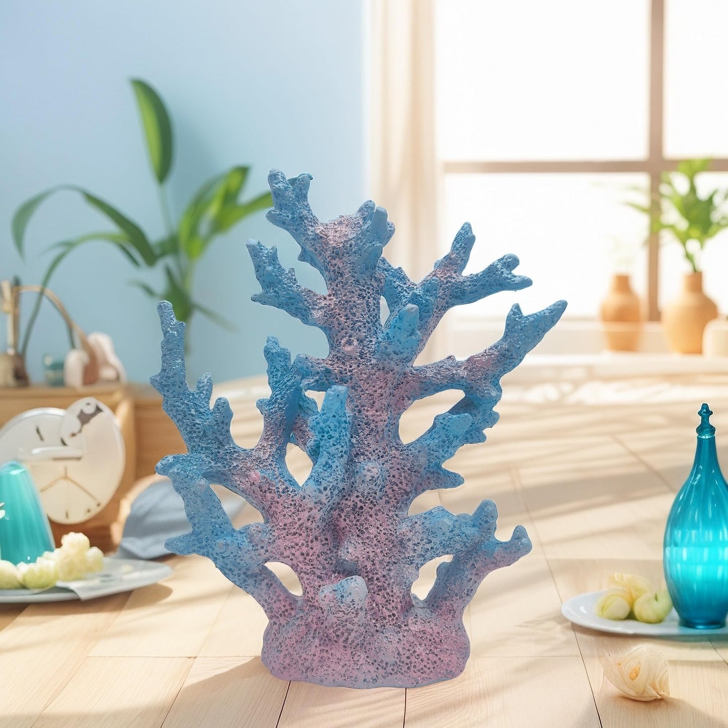 Etlemonde Beach Coastal Decor Coral Reef Home Decor Coral Statue Sculpture Home,Desk,Bathroom,Desktop Shelf Statue,Marine Themed Gifts (Gradient Cyan Coral)