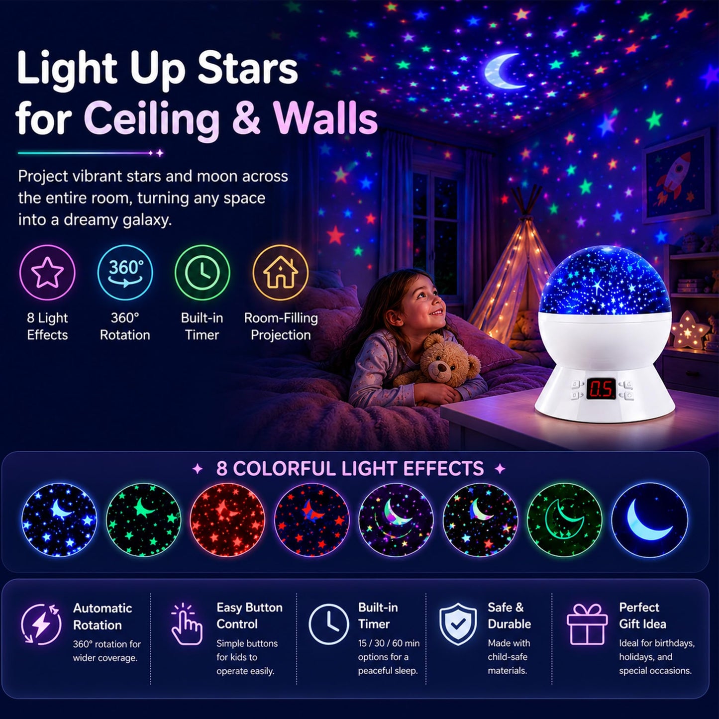 MOKOQI Star Projector Night Light for Kids, Rotating Stars Night Light Projector for Kids Bedroom, Star Projector with Timer, Light Up Stars for Ceiling, Star Machine Gift for Boys Girls Toddlers