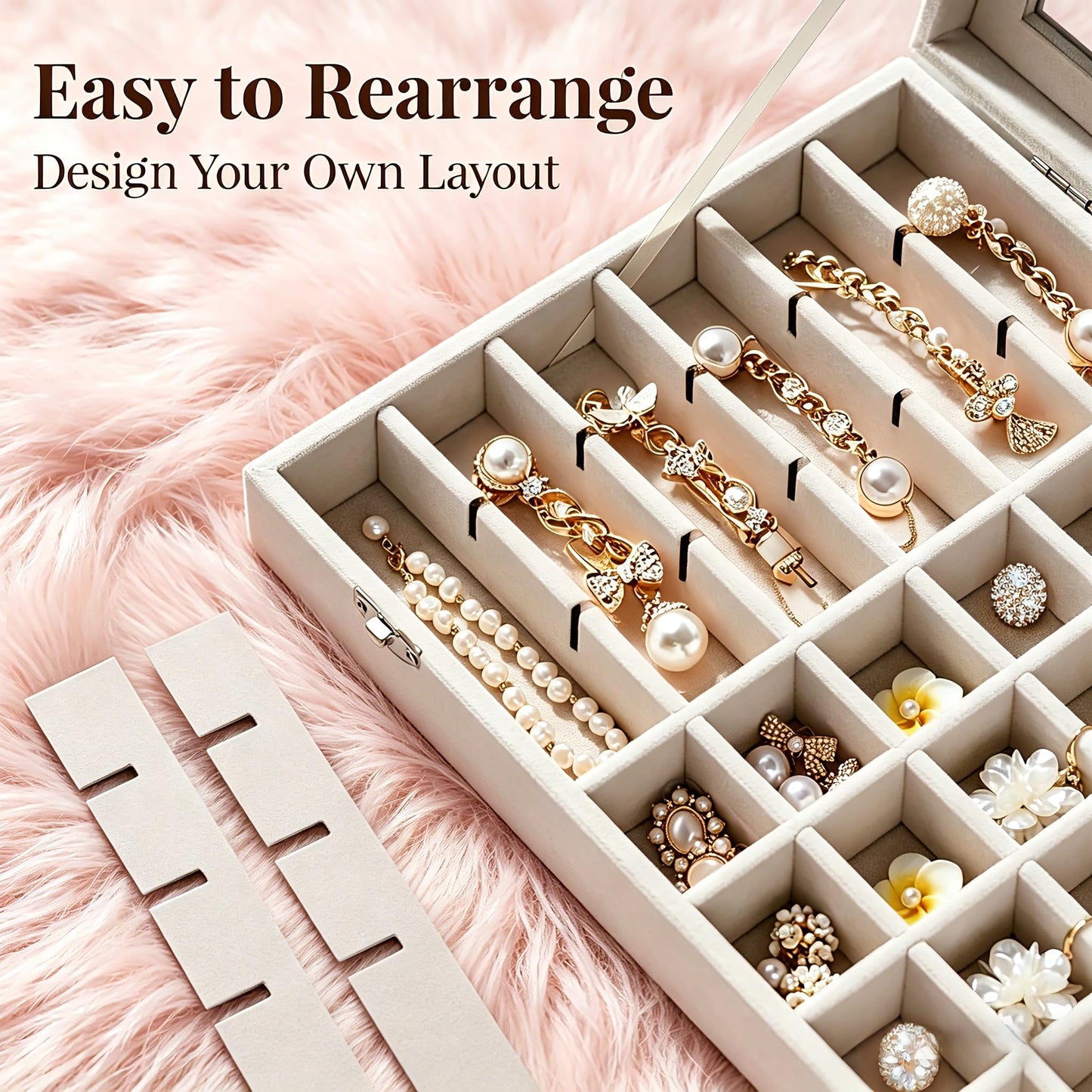 Pazpsar 48 Grid Velvet Jewelry Tray Organizer with Transparent Lid, Stackable Display Case for Ring Earring Necklace Pendant Brooch Storage,Anti-Scratch Clear Cover Jewelry Holder for Women Girls