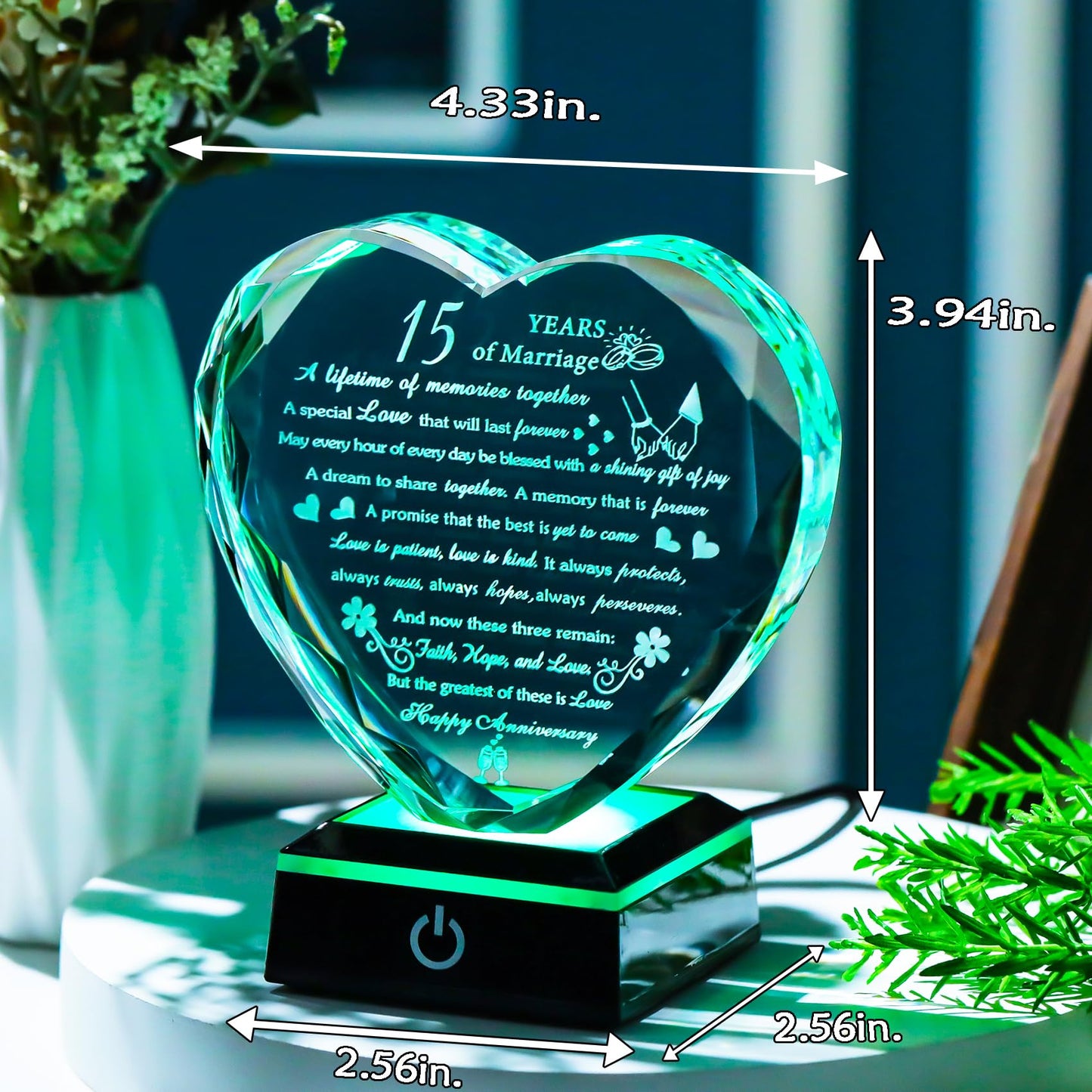 15th Wedding Anniversary Crystal Gifts for Couples with Colorful LED Base,Happy 15th Wedding Anniversary Keepsake Gifts for Her Him, Romantic 15 Years of Marriage Heart Gift for Wife Husband