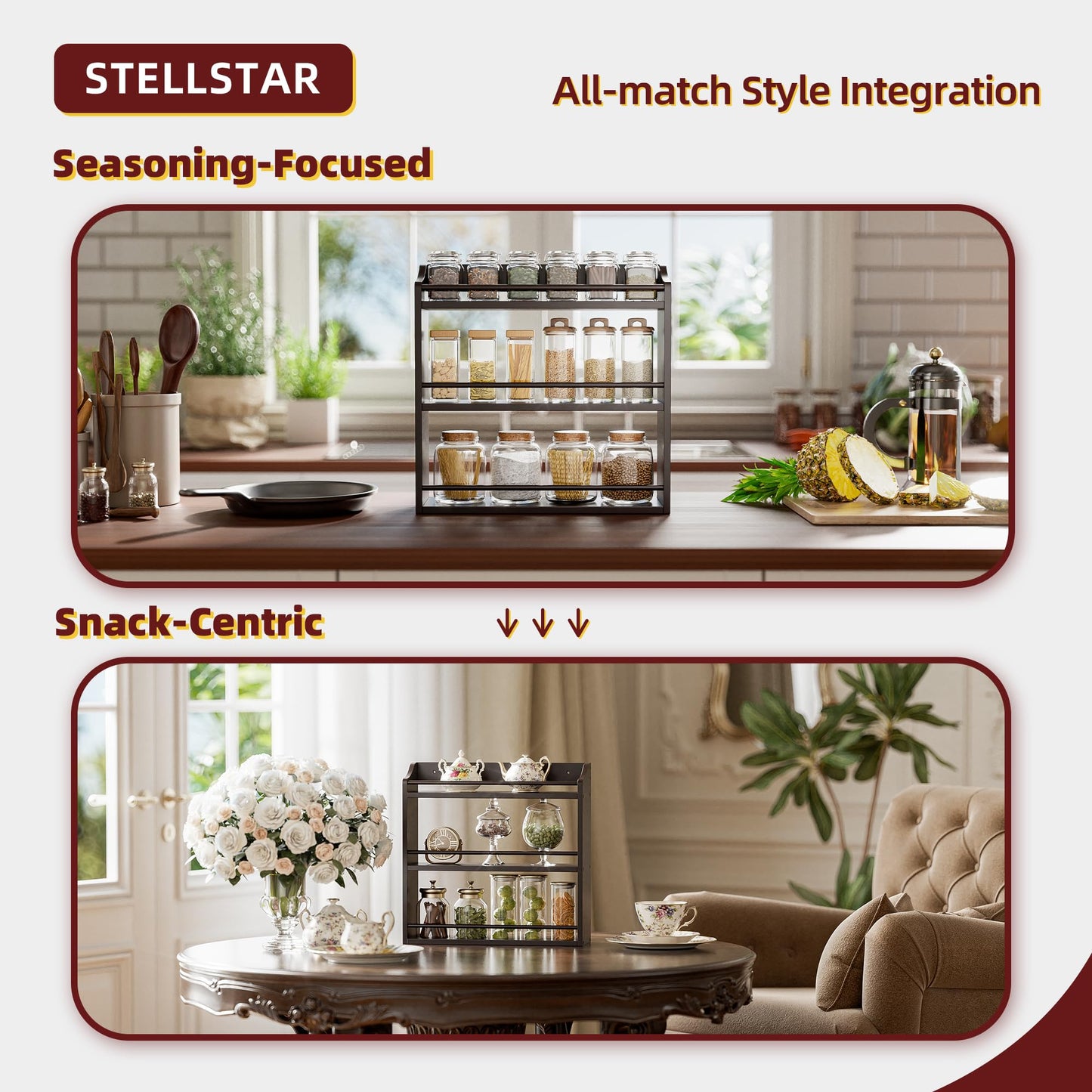 STELLSTAR 3 Tier Bamboo Wood Spice Rack, Seasoning Bottles Jars Organizer Shelf for Spices or Craft Supplies, Kitchen Counter or Wall Mounting (Brown)
