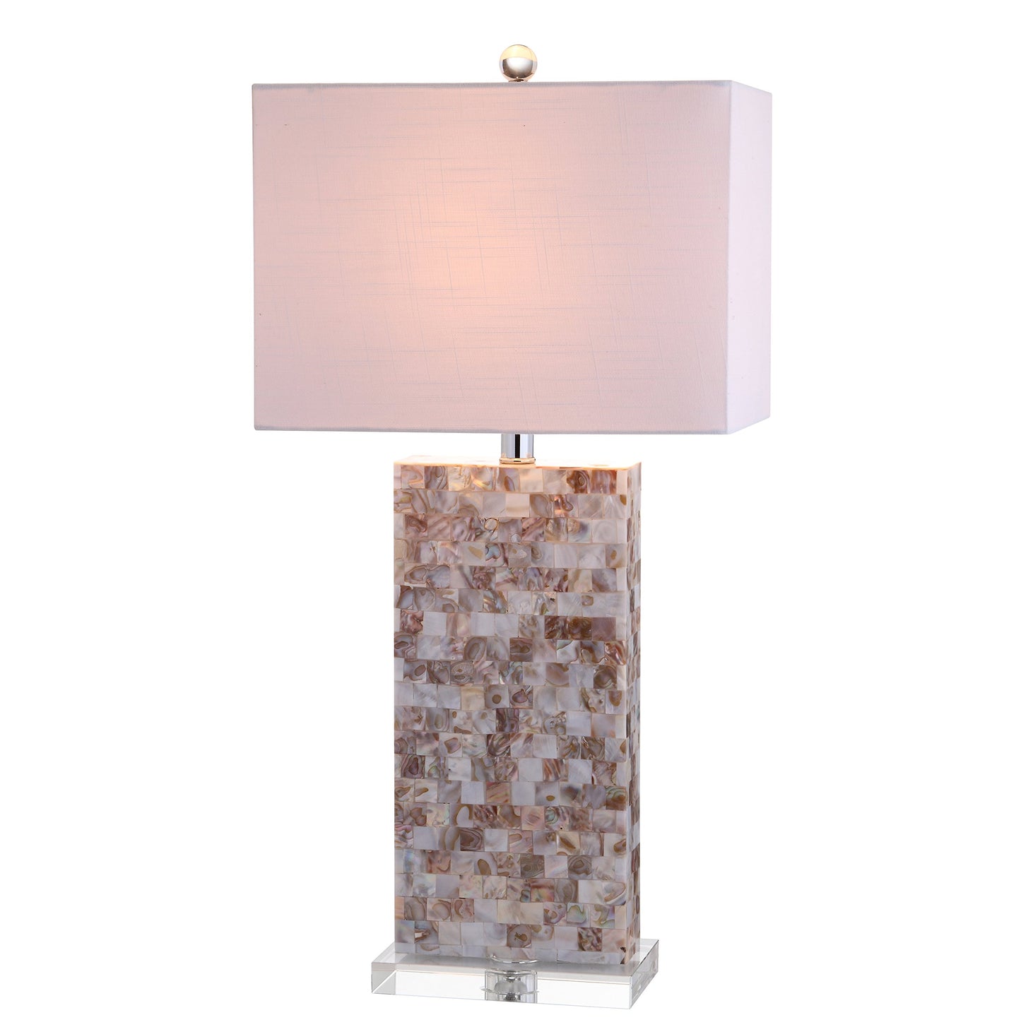 JONATHAN Y 29" Natural Seashell and Crystal Table Lamp, Coastal Mosaic Capiz Shell Bedside Lamp for Living Room Bedroom, White Linen Rectangle Shade, LED Bulb Included JYL1059A