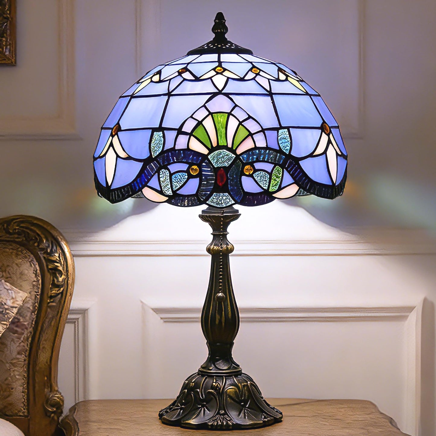 WFAYNTIFL Tiffany Table Lamp Stained Glass Baroque Style Shade W12H19 Inch