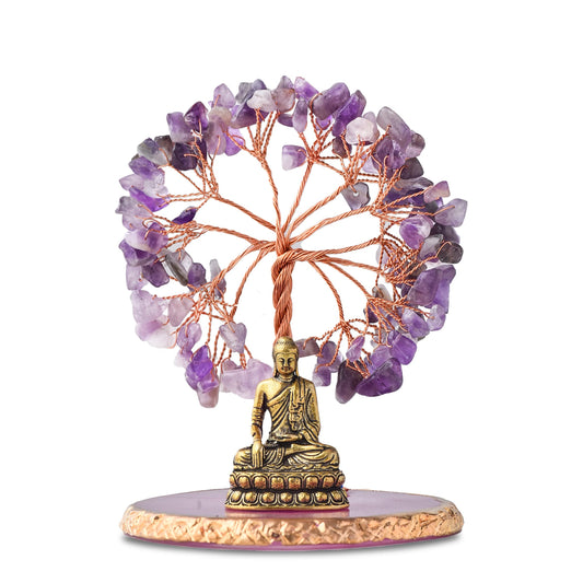 CRUCISRESIN Buddha Statue with Healing Crystal Tree, Tree of Life for Positive Energy. Home Decor Yoga Meditation. Amethyst.(A)
