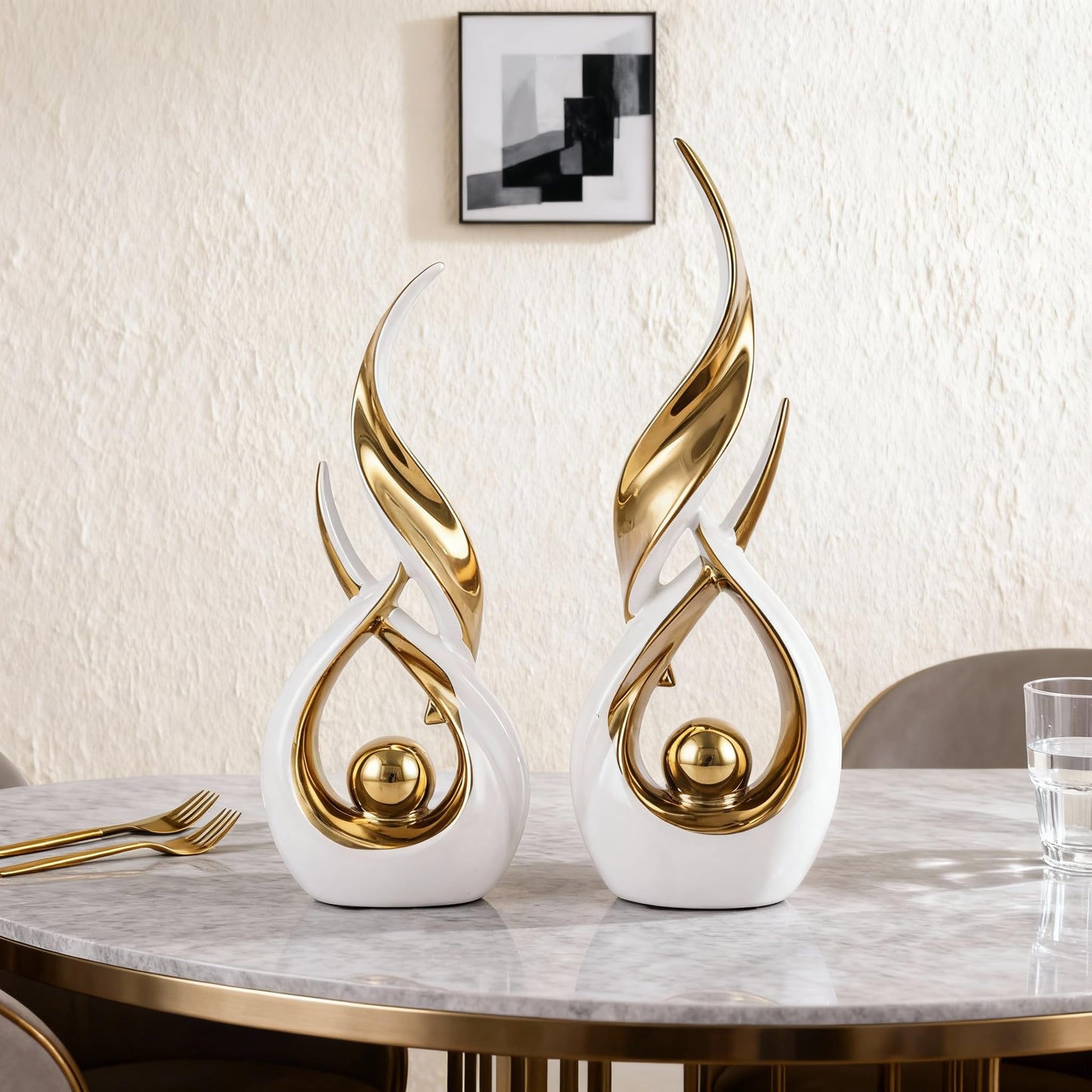 2-Piece Abstract White and Gold Home Decor, Ceramic Abstract Sculpture, Modern Art Piece, Suitable for Room Coffee Table Countertops, Office Bookshelves, Dining Table Centers, Entryway Decor.