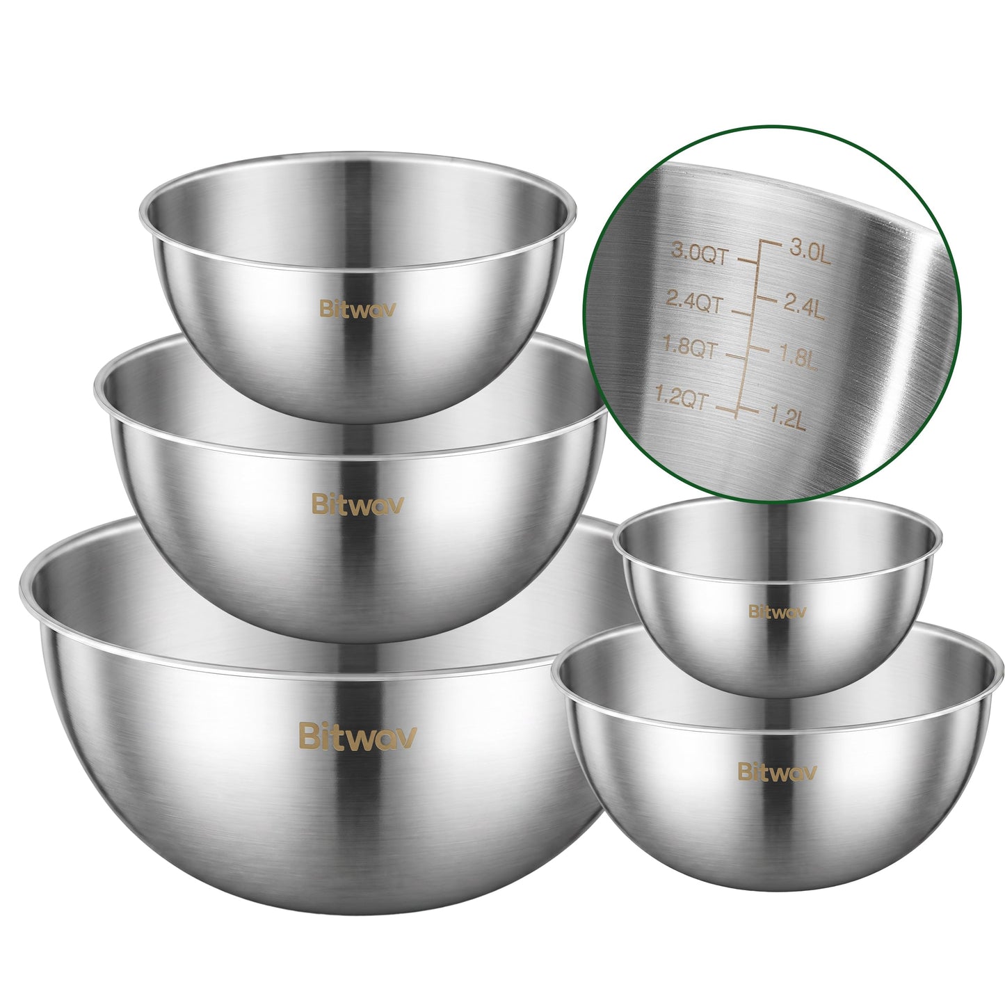 Bitwav 304 Stainless Steel Mixing Bowls Set of 5, 1.1/1.6/1.9/2.5/3.5 QT Food Grade Metal Bowls with Measurement Marks, Dishwasher Safe & Stackable Nesting for Baking, Salads, Meal Prep, RV & Camping