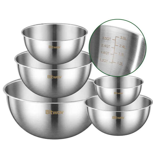Bitwav 304 Stainless Steel Mixing Bowls Set of 5, 1.1/1.6/1.9/2.5/3.5 QT Food Grade Metal Bowls with Measurement Marks, Dishwasher Safe & Stackable Nesting for Baking, Salads, Meal Prep, RV & Camping