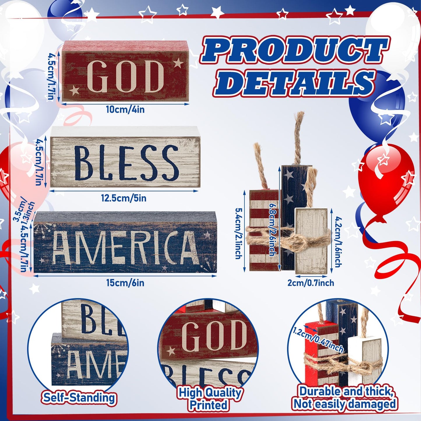Moucuny 4 Pcs 4th of July Table Decorations Reversible Memorial Day Table Centerpiece Patriotic Fireworks Block Sign with String for 250th Anniversary USA Tiered Tray Home Shelf Decor