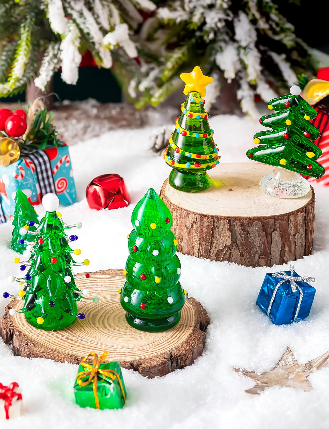 ALDMIO 4Pcs Blown Glass Christmas Tree Decor, Mini Christmas Tree Figurines Art Decorations for Home Festival Xmas Decoration