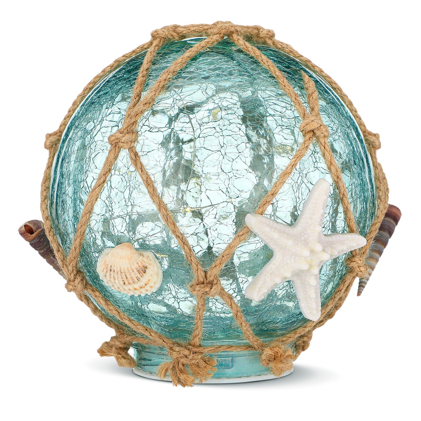 Fumete 6 Inch Glass Fishing Float Nautical Lamp Coastal Starfish Seashell Beach Decor Blue Cracked Glass Ball Night Light for Summer Beach Coastal Bathroom Home Decor Gifts