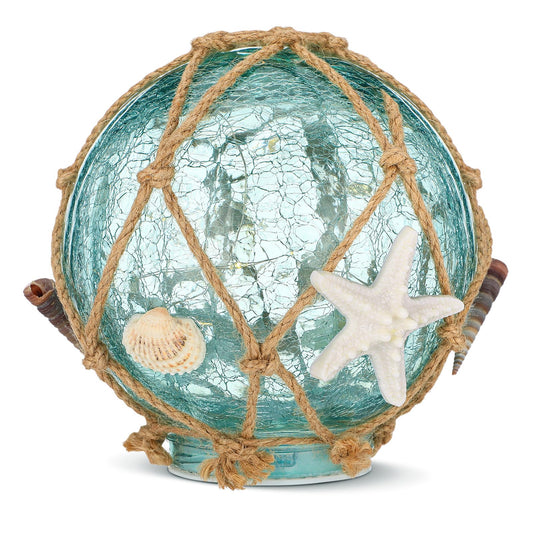 Fumete 6 Inch Glass Fishing Float Nautical Lamp Coastal Starfish Seashell Beach Decor Blue Cracked Glass Ball Night Light for Summer Beach Coastal Bathroom Home Decor Gifts