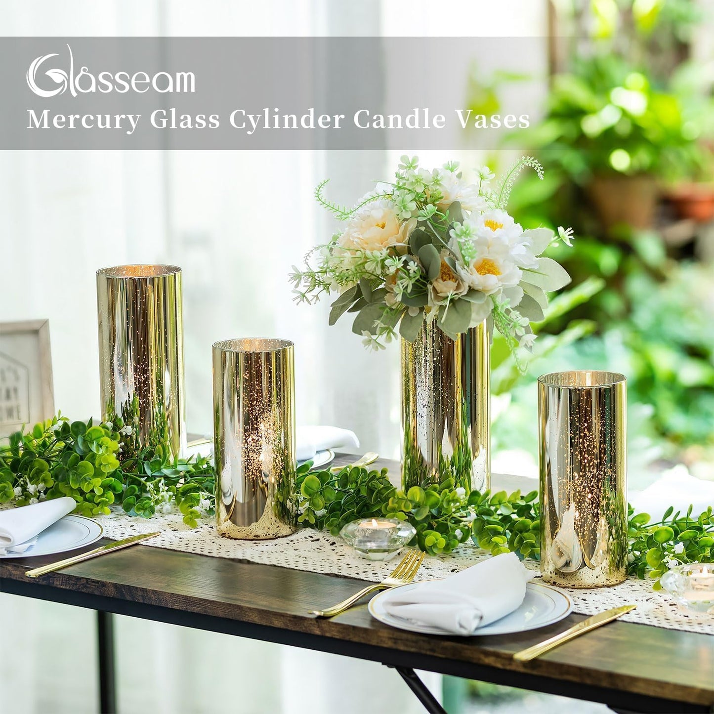 Glasseam Gold Cylinder Vases for Centerpieces: 12 Modern Mercury Hurricane Glass Vase Set for Flowers - Decorative Golden Pillar Candle Holders for Wedding Party Dining Room Table Decor