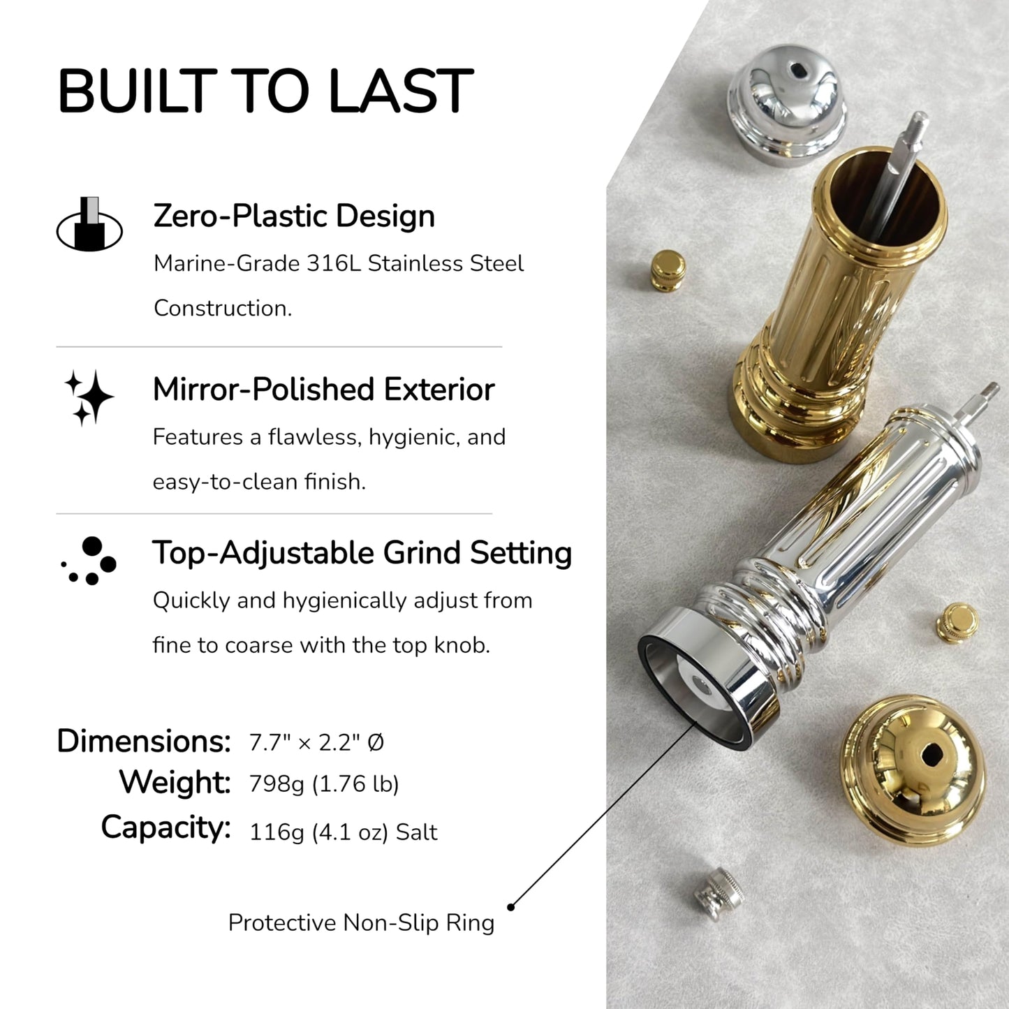 Aurevit Metal Salt Grinder, Heavy Duty High Output Salt Mill with Adjustable Coarseness, 316L Stainless Steel, Refillable (Gold)