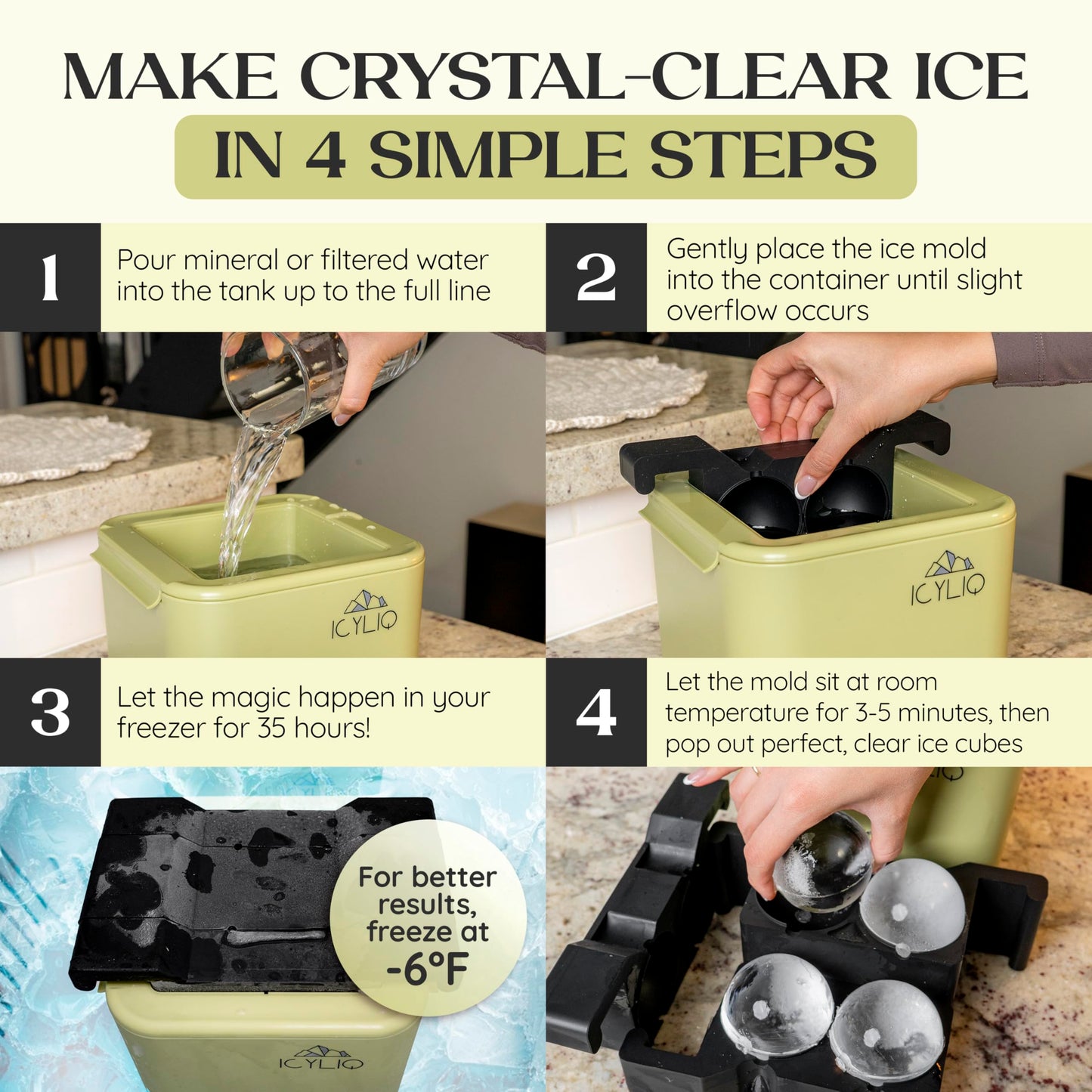 ICYLIQ Clear Ice Cube Maker –4 Large Transparent Ice Cubes for Whiskey and Cocktails – Premium Silicone Tray for Crystal-Clear Ice at Home
