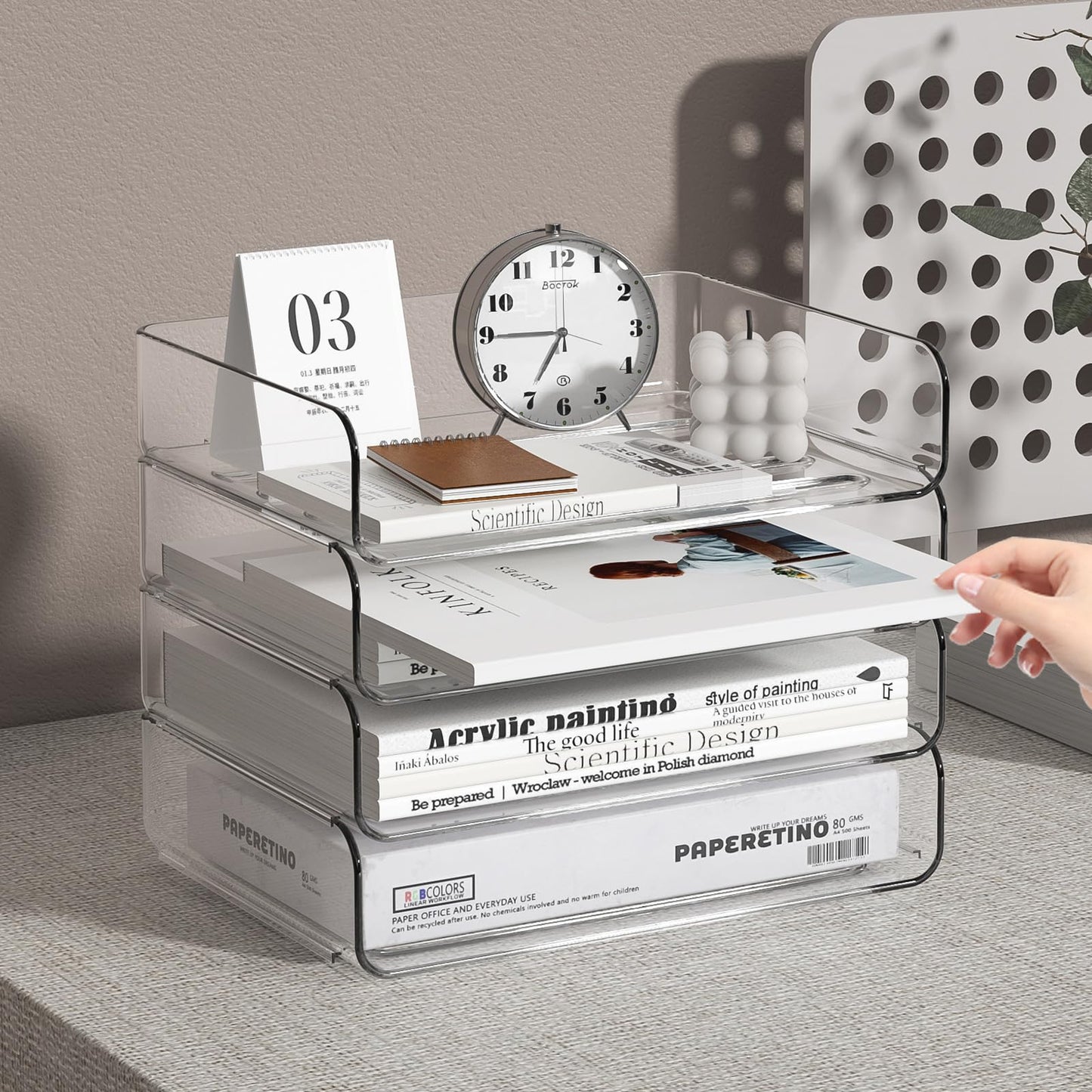 FANXIYQ 4-Tier Acrylic Paper Tray Organizer - Low-Profile Desk File Sorter for Office/Home, Clear Stackable Letter Tray for Bills, Crafts, Notebooks