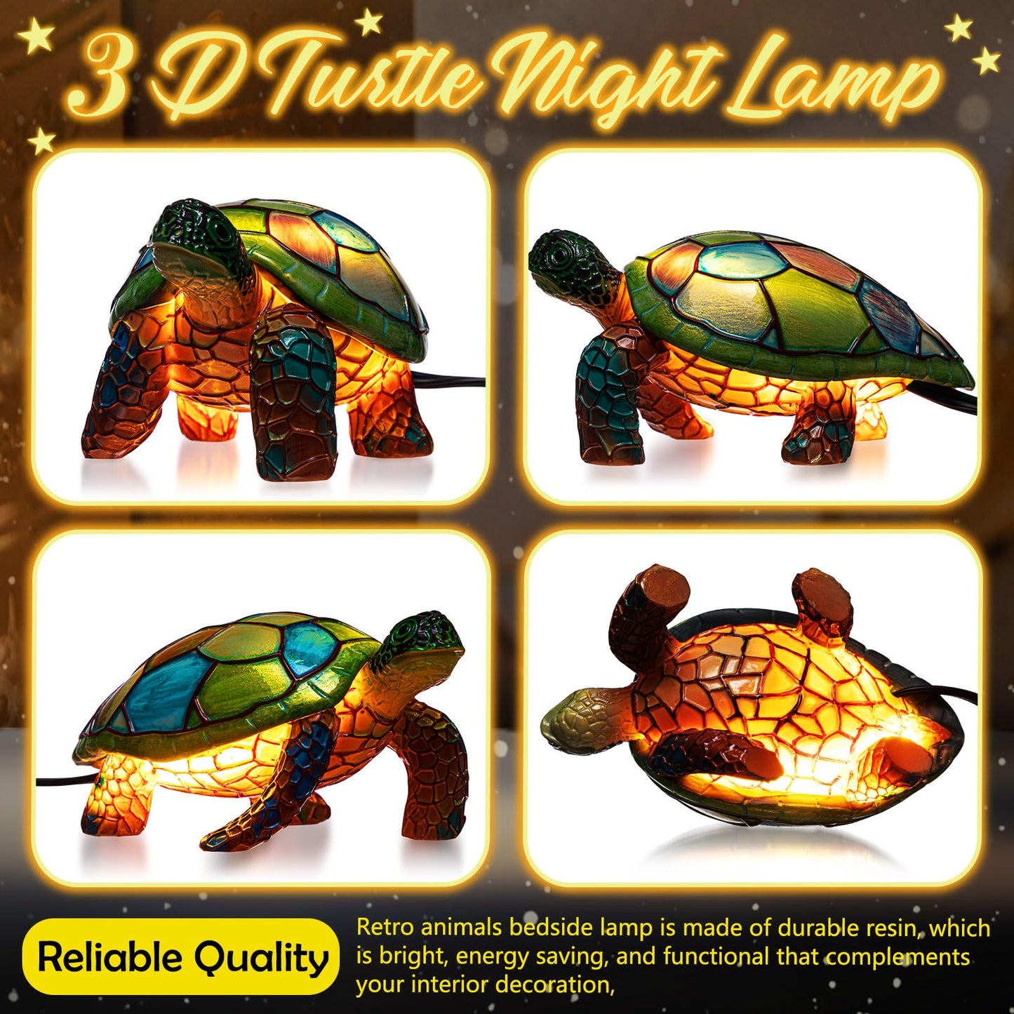Retisee 3D Turtle Lamp Christmas Gift Tortoise Shell Lamp Cute Resin Sea Turtle Night Light Boho Vintage Animals Night Light for Boy Girl Bedroom Nursery Office Home Birthday Gift Supplies