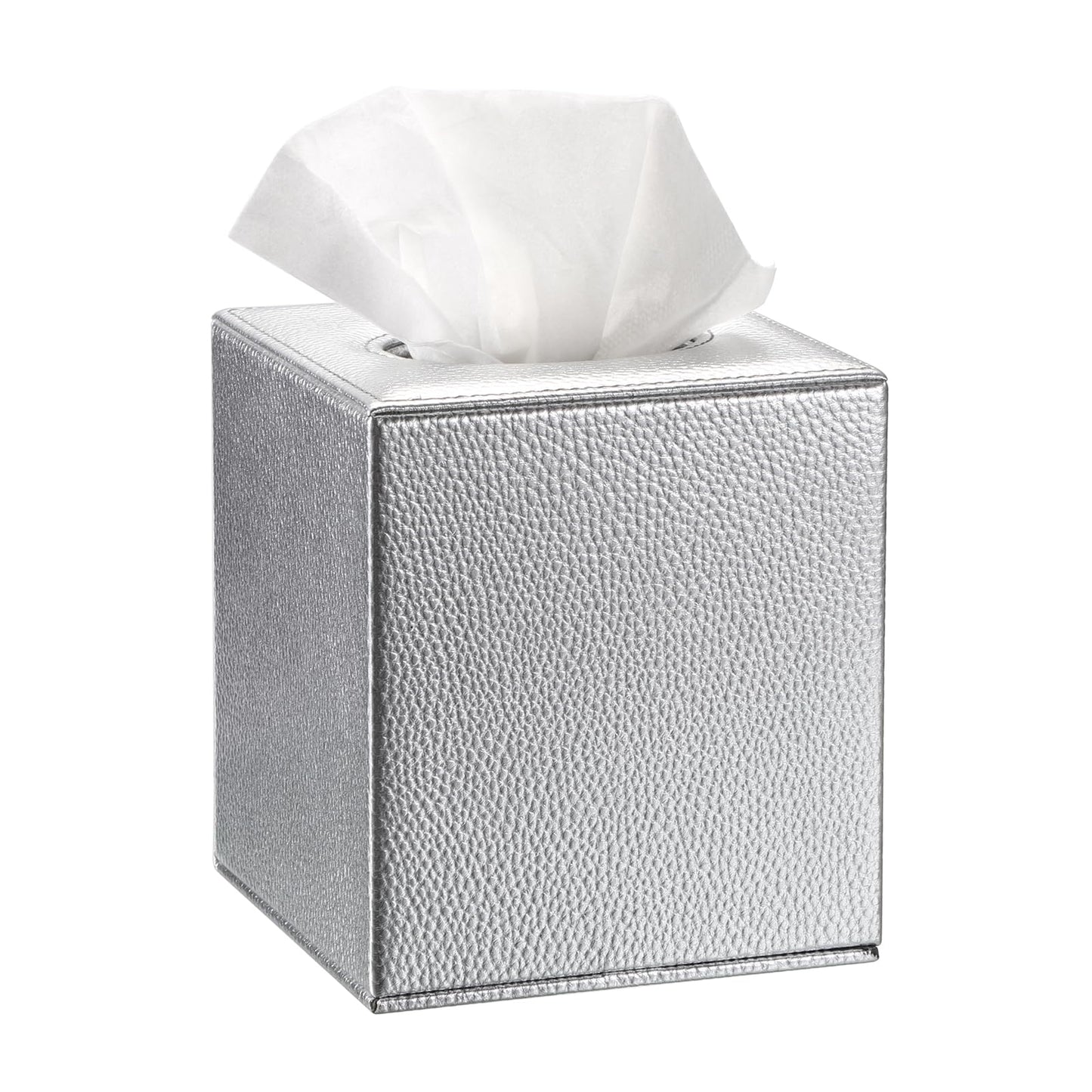 Sumnacon Tissue Box Cover Square Tissue Box Stylish PU Tissue Box Holder with Magnetic Bottom, Leather Cube Tissue Cover for Living Room Bathroom Bedroom Table Desk Home Office Car, Silver