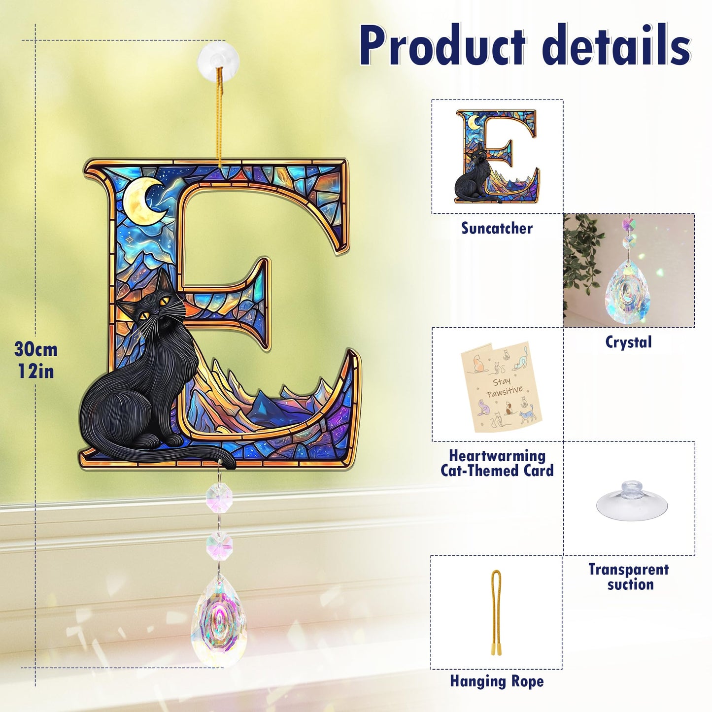 Suncatchers for Windows Hanging, Cat Starry Night Gifts for Women, Crystal Sun Catchers Indoor Window Rainbow Maker. Black Cat Lover Gifts for Women Personalized - Letter E