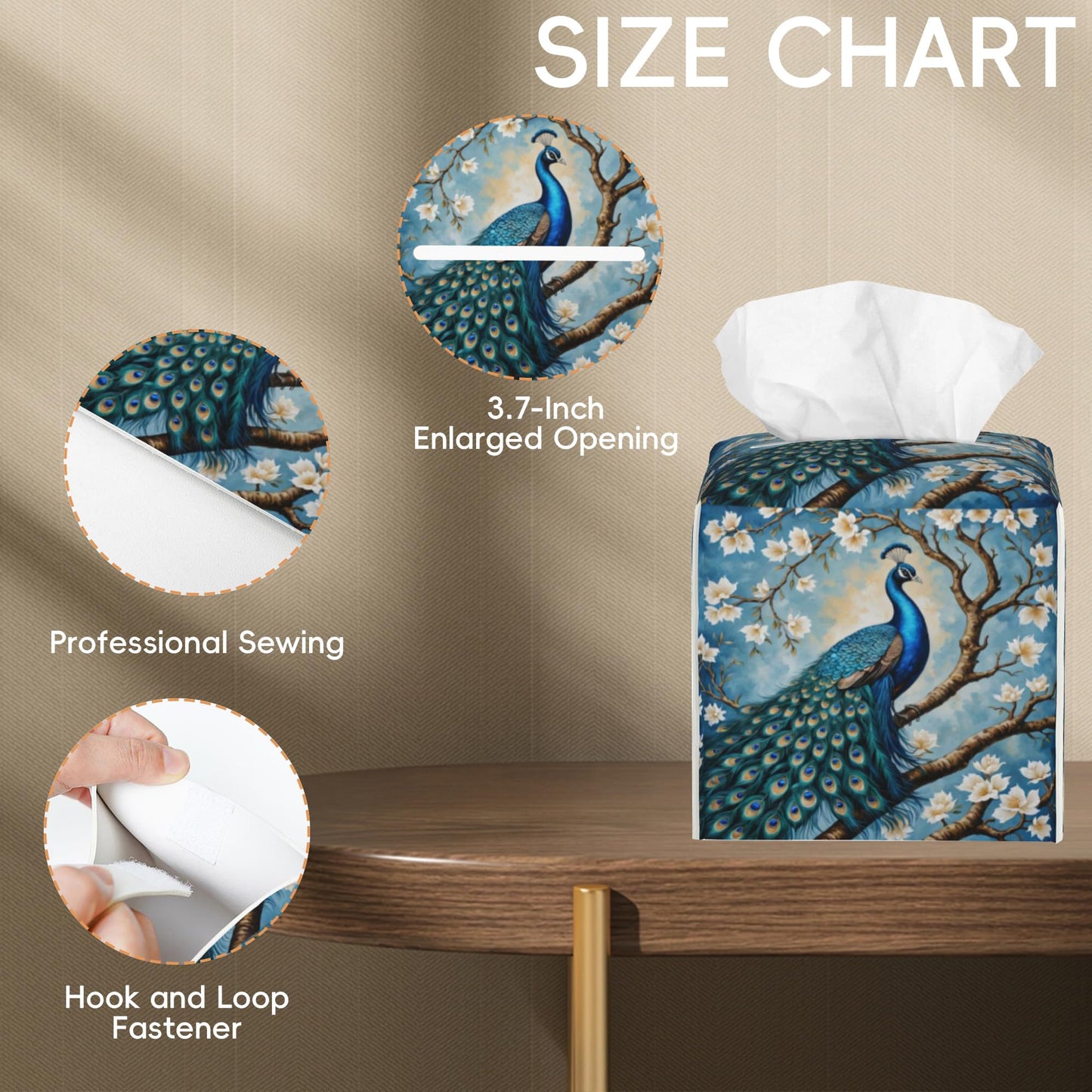 Tissue Box Cover Leather Tissue Box Holder Cube Tissue Case Cover Facial Paper Organizer Dispenser for Bathroom, Vanity Countertop, Office Desk (Peacock Perched on Branch with Flowers)