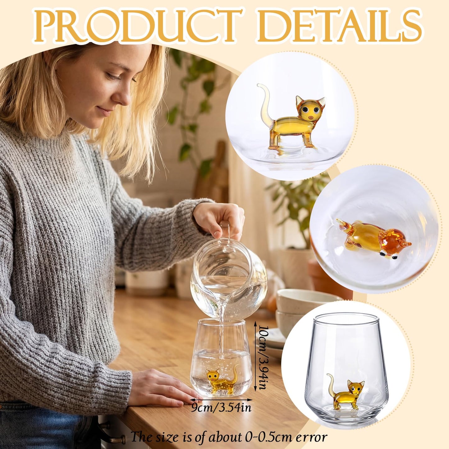 Yiyiring 4 Pcs Cat Figurine Glass Cup 3D Animal Cup Handmade Glassware for Unique Gift for Cat Lovers Gift Holiday Gifts Birthday Present Women Mum Her Wife or Boy Men