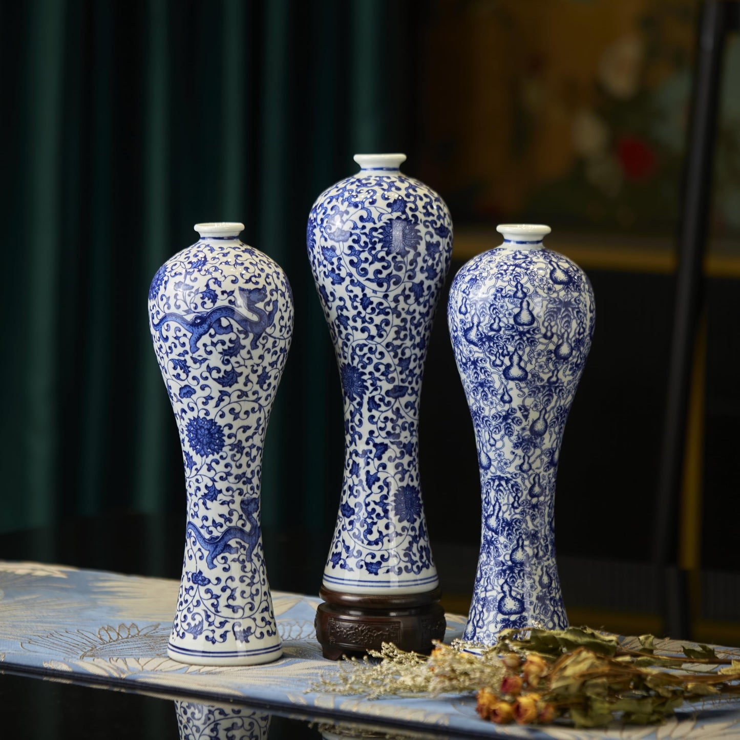 12.6" Blue and White Patterned Flower Vase Antique Ceramic Vases Ginger Jar Home Decoration, Dining Table Centerpiece, Living Room, Bookshelf, Olive Plant, Entryway, Mantle Fireplace Decor (Style 2)
