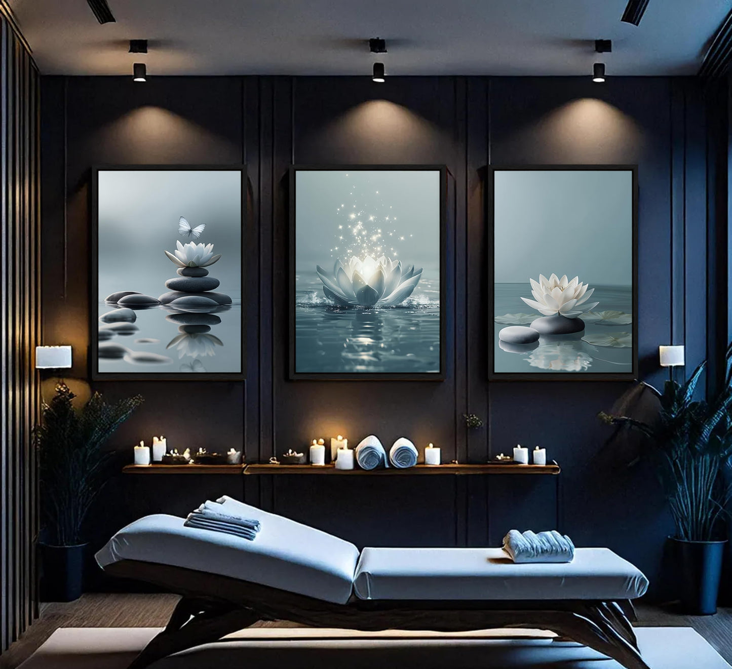 3Pcs Framed Zen Stones Lotus Spa Canvas Wall Art White Lotus Blooming on Stones Painting Picture Wall Decor Modern Spiritual Poster Print Artwork for Yoga Spa Meditation Spiritual Room Home Decoration