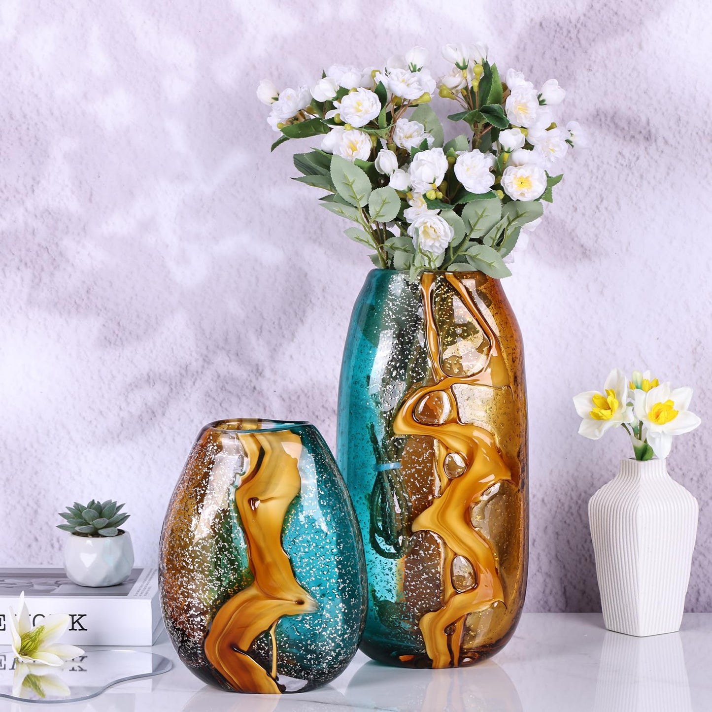 PlivBloom Teal Glass Vase,Hand Blown Green Glass Flower Vases Bulk,Murano Glass Vases,Unique Table Glass Decor, Flowers with Vase Decorative,Teal Vase Decor,for Bookshelf,Living Room,Office,Gift (S)