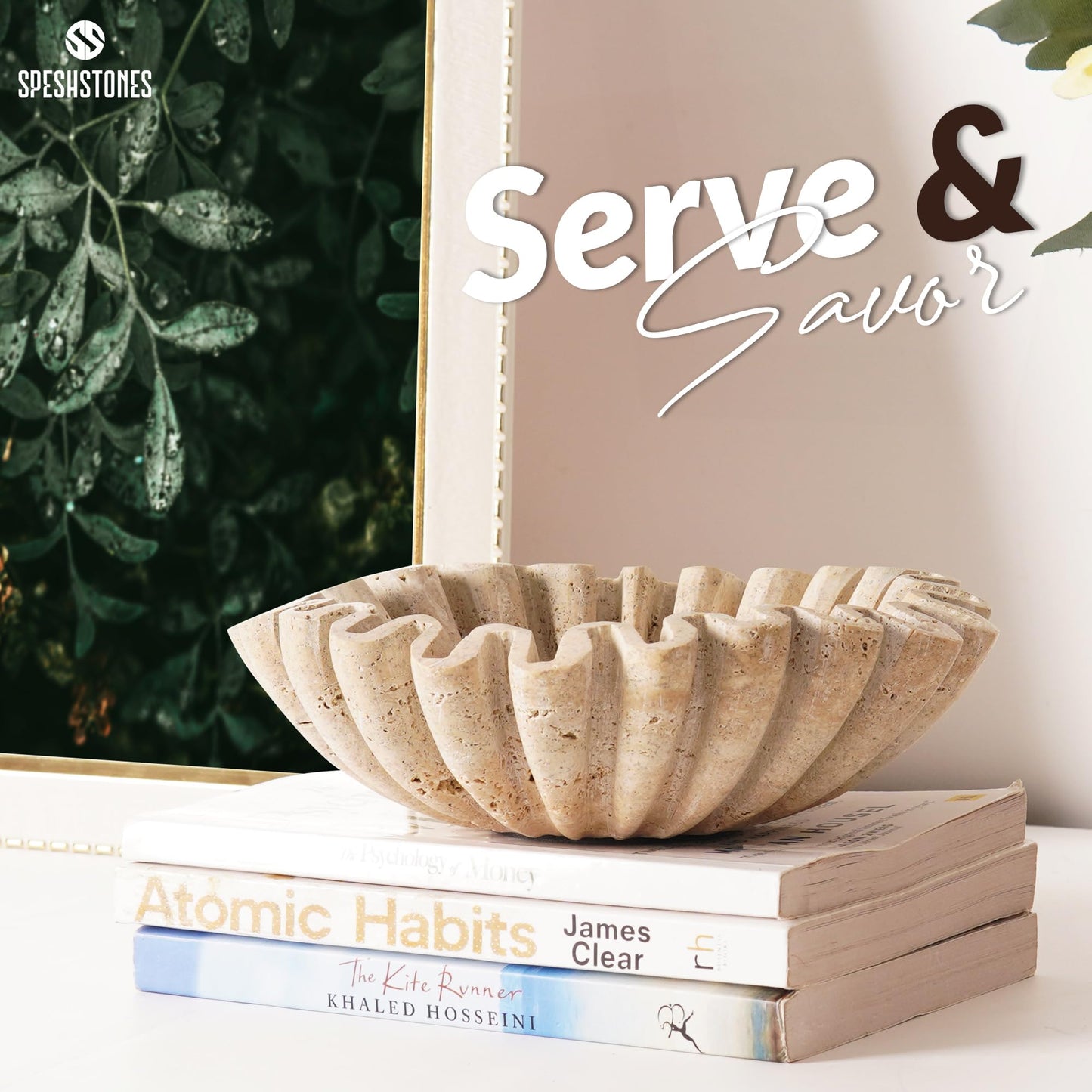 SPESHSTONES Marble Scalloped Bowl Handmade 8 Inch Travertine Ruffle Bowl, Fruit Bowl for Kitchen Counter, Large Decorative Bowls for Housewarming Gifts, Modern Fluted Bowl for Home Decor