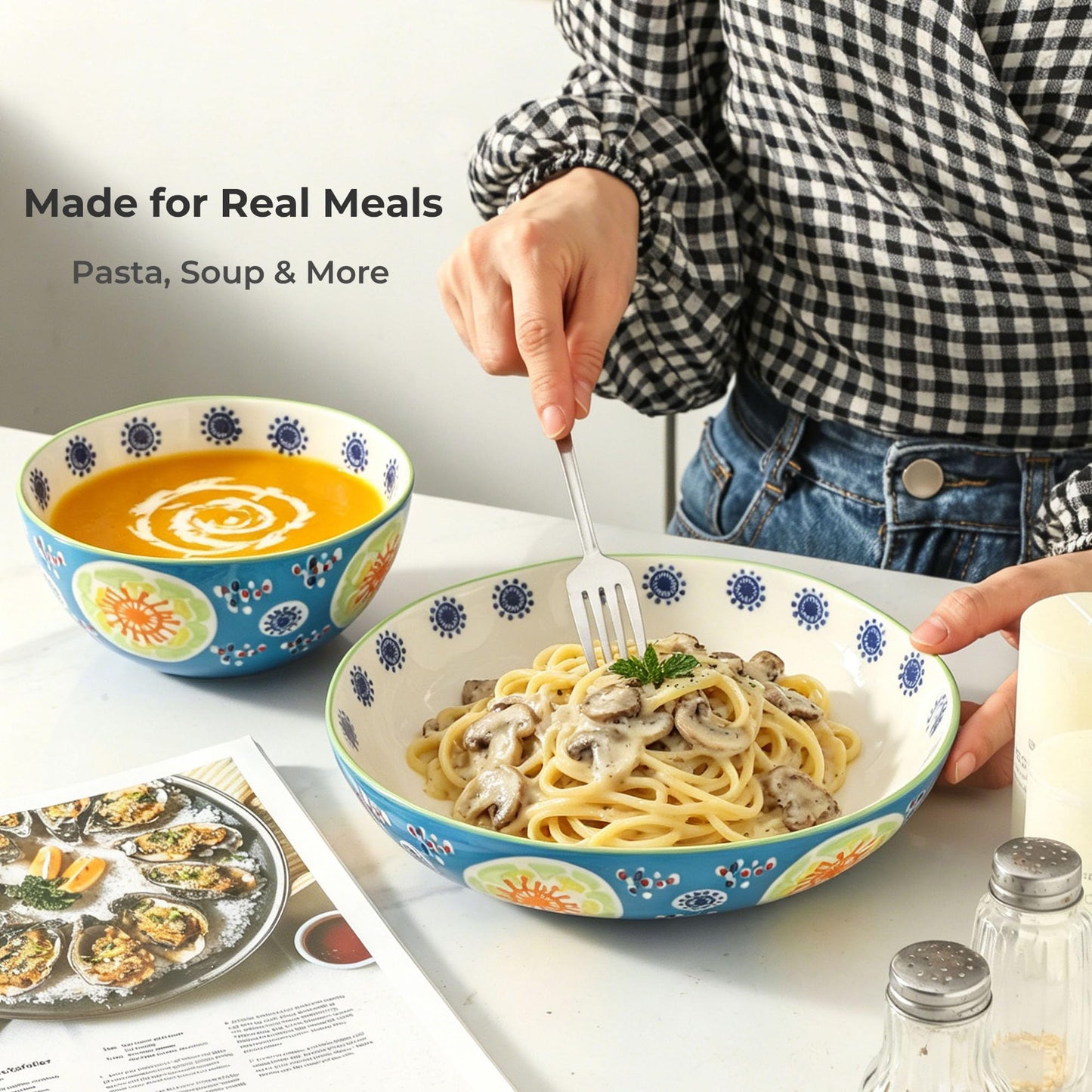 Hand-Painted 9 Inch Soup and Pasta Plate Set of 4,Wide and Gently Deep Ceramic Dinner Plates for Salad Breakfast Everyday Meals,Microwave Oven Safe up to 480°F,Lead-Free Stoneware,Giftable Ocean Blue