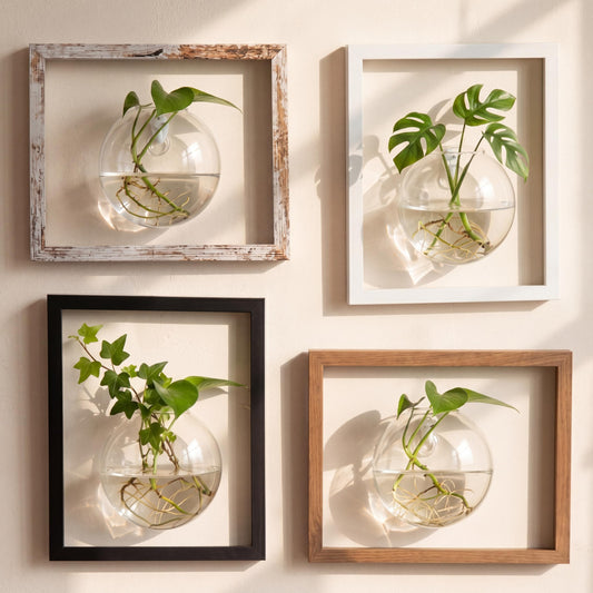 Kathfly 4 Set Glass Wall Vase Planters with Picture Frame Botanical Living Walls Planter Glass Vases Farmhouse Wall Propagation Planter Station for Hydroponics Plant Home Hallway Decor(Mixed Color)