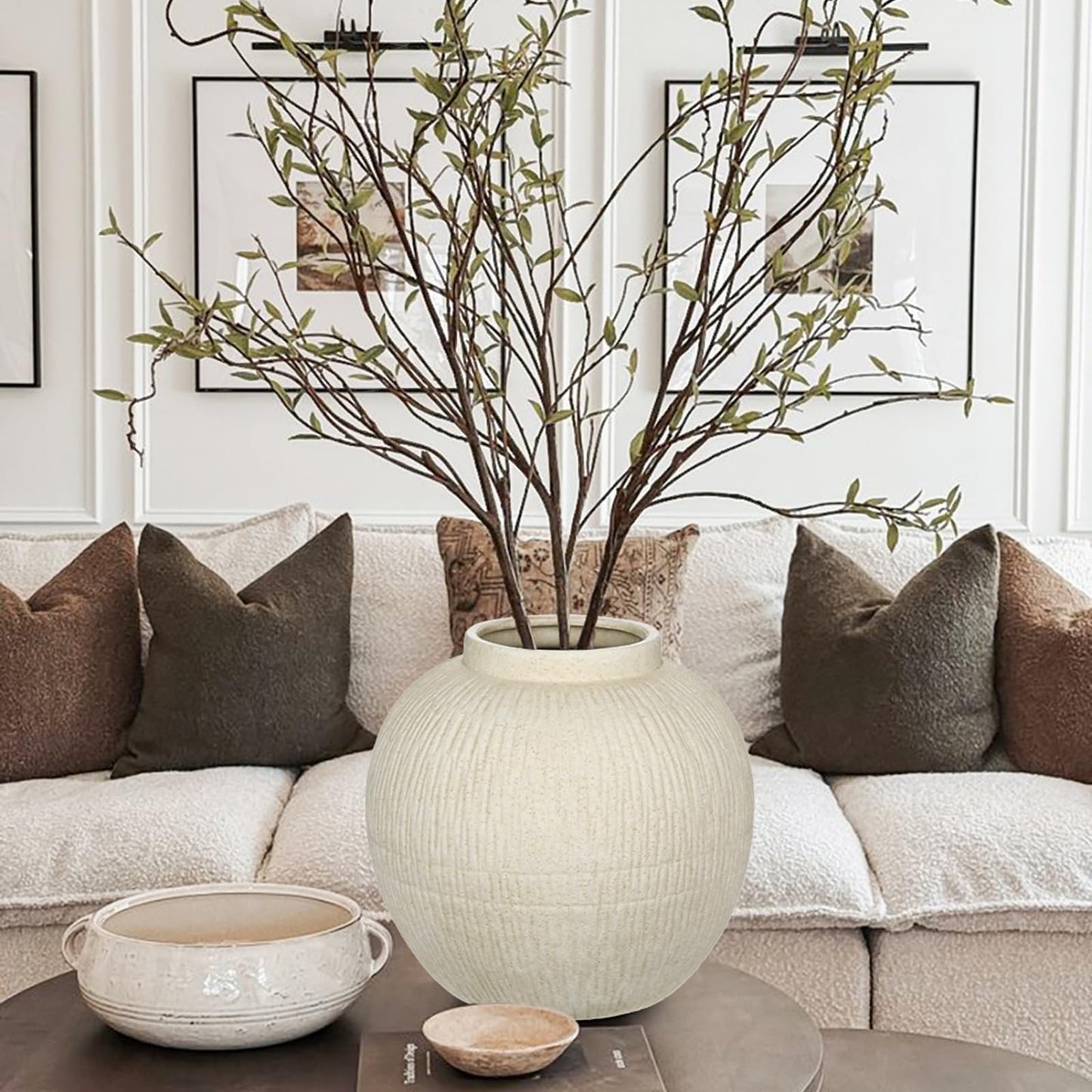 9" Large Rustic Vase with Linear Sculpture and Rich Sand Texture, Round Ceramic Vase with Wide Belly for Space Filling Decor, Retro Style & Beige White