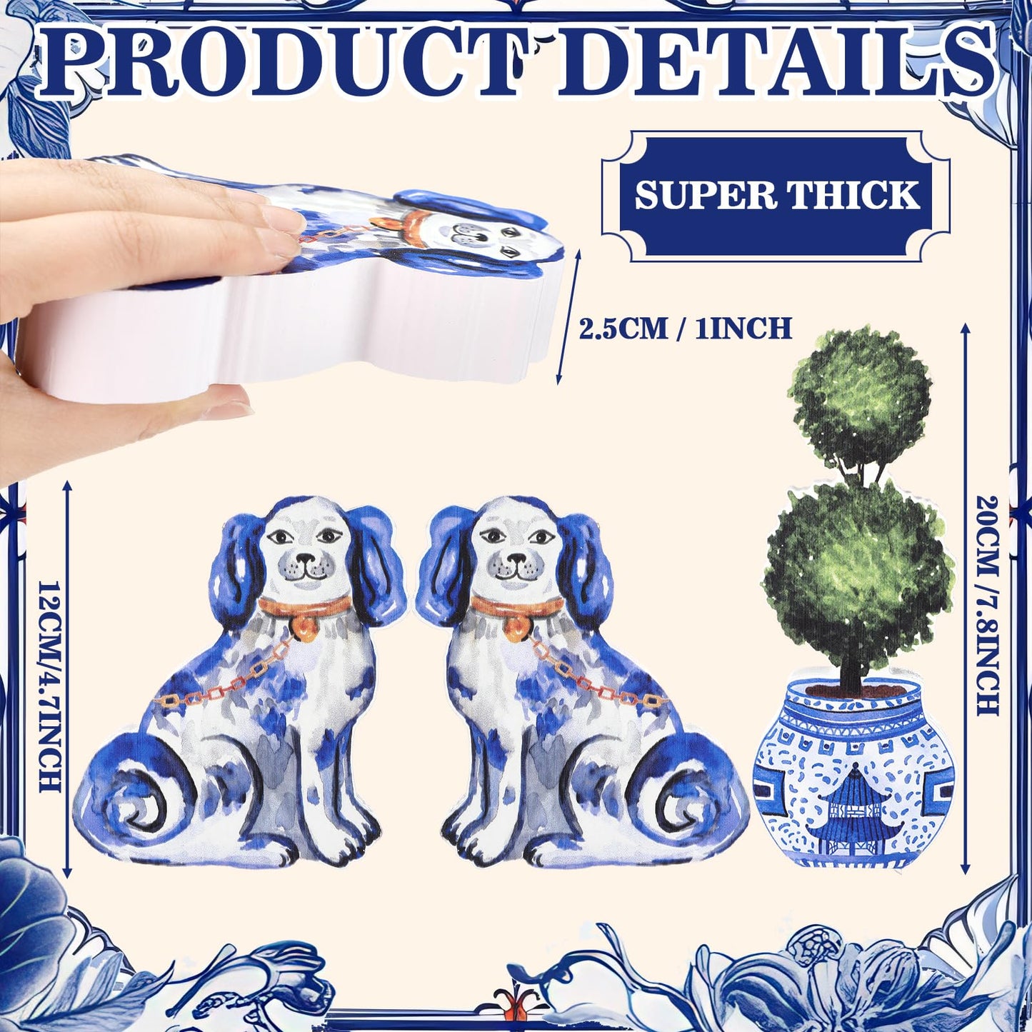Summer Home Decor Blue and White Chinoiserie Blue and White Chinoiserie Staffordshire Dog Topiary Wooden Sign Small Figurines Rustic Tiered Tray Tabletop Centerpiece for Kitchen Mantel Shelf
