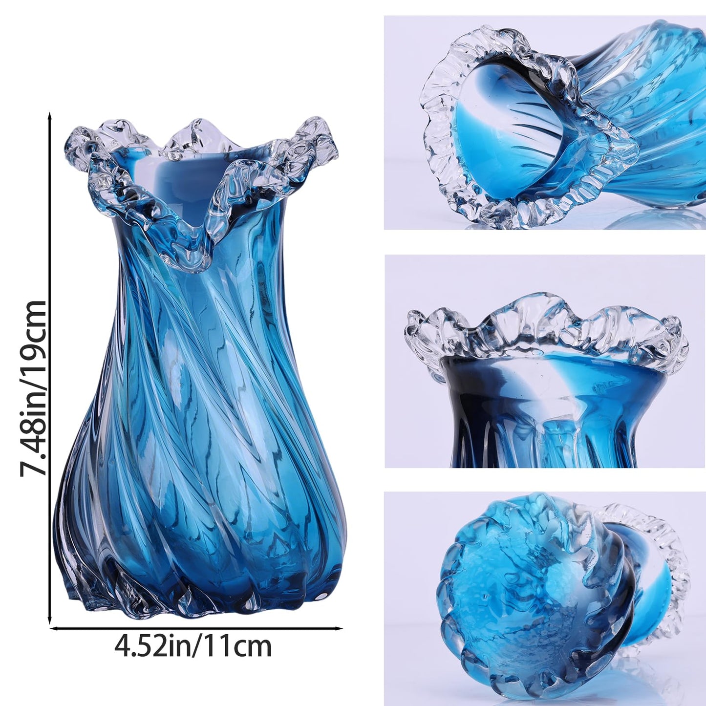 Hand-Blown Blue Glass vase, Wide-Mouth Decorative vase, Blue Glass vase, Suitable for centerpieces on Dining Tables, Living Room Coffee Tables, TV Stands, entryway Decor, and Office Desk Accents.(S)