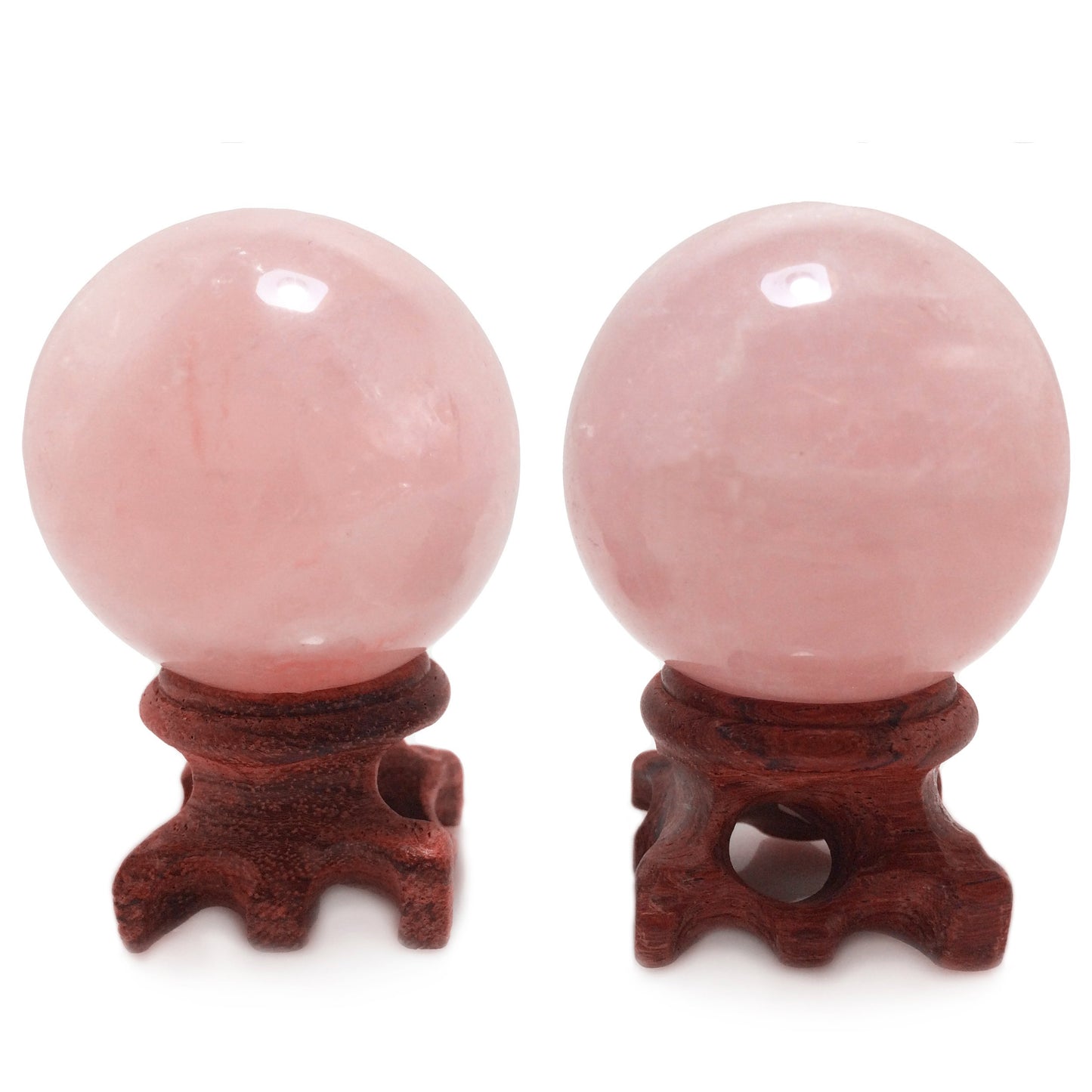 Polar Jade Set of 2 Natural Rose Quartz Crystal Spheres with Wooden Stands, Hand-Polished 45 mm (1.8”) Display Balls for Meditation, Feng Shui & Mindful Décor