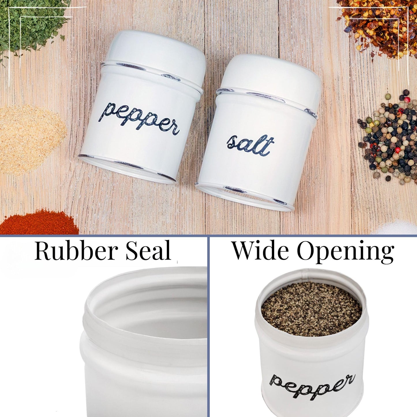 AuldHome Design Salt and Pepper Shaker Set (White); Rustic Enamelware Retro Vintage Style Shaker Set