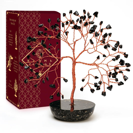 KARMAPLEDGE 7 Chakra Black Obsidian Crystal Tree of Life Positive Energy & Good Luck, Money, Feng Shui Decor, Home and Office Desk Decoration, Spiritual Gifts for Women, for Dad