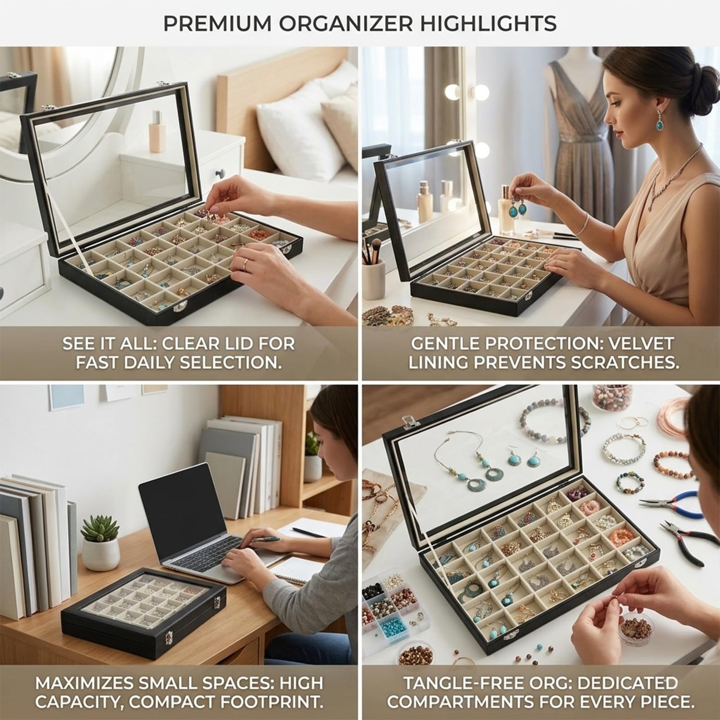 Stratalife 30 Grid Earring Organizer, PU Leather Jewelry Holder Organizer with Clear Lid, Velvet Earring Ring Storage Box for Women Girls Drawer (Beige Black)