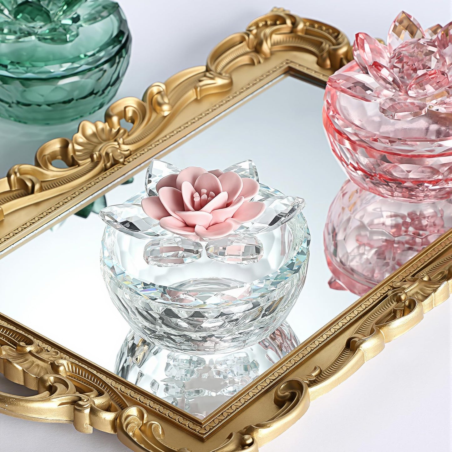 Dounx Crystal Jewelry Box, Small Glass Trinket Jar with Lid, Clear Lotus Flower Storage Holder for Women, Elegant Organizer Dish for Ring, Earrings, Necklace, Gift (Green)