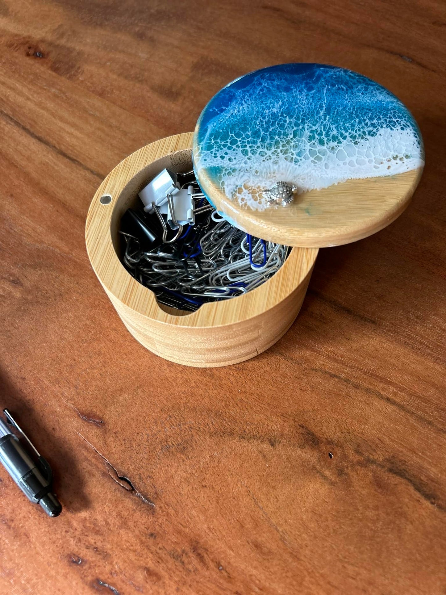 Ocean Resin Art Bamboo Salt Box, Salt Cellar, Bath Salt Container, Storage Box, Herb, Salt, Pepper, Sugar, Spices Storage Box with Magnetic Swivel Lid, Spoon and Turtle Charm