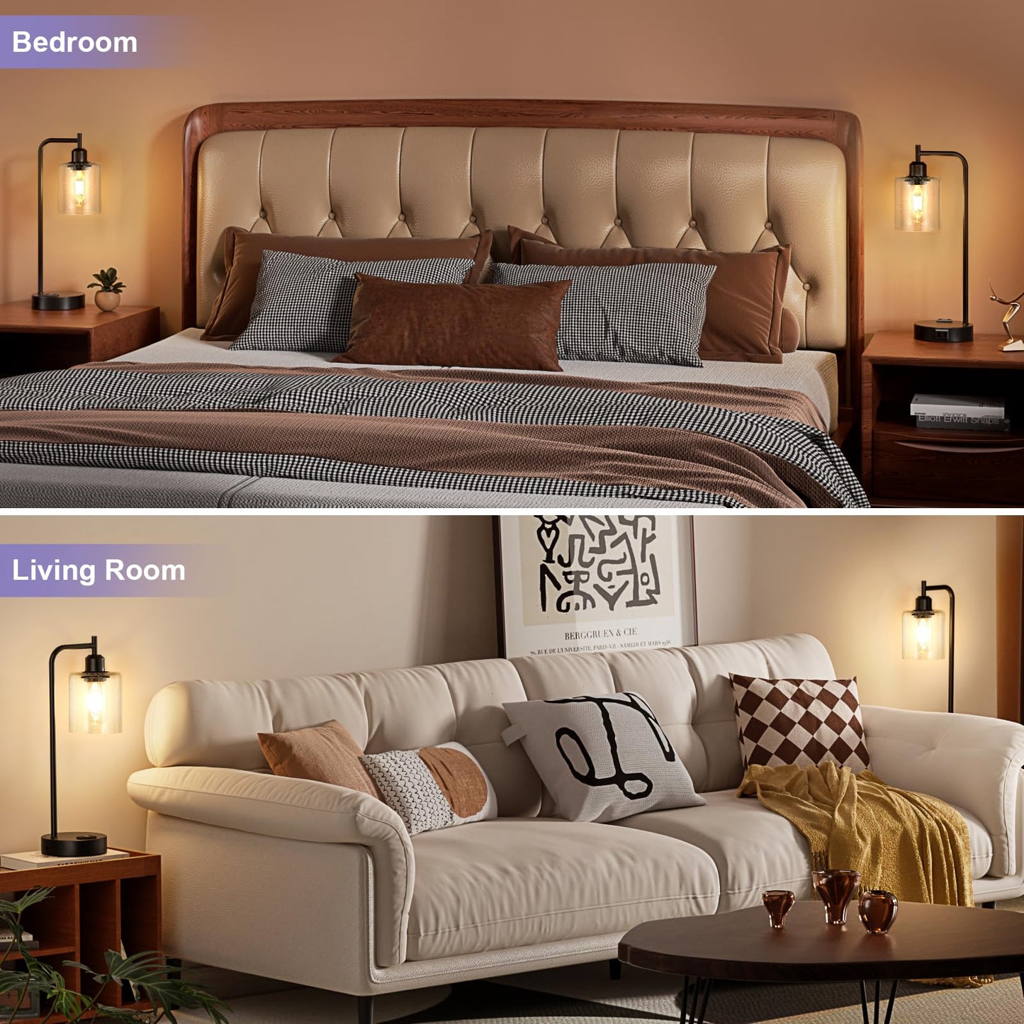 Industrial Touch Table Lamps for Bedrooms Set of 2 - 3-Way Dimmable Lamps with USB C+A Ports and Outlet, Black Bedside Lamps with Seeded Clear Glass Shade for Living Room, Desk Lamps for Home Office
