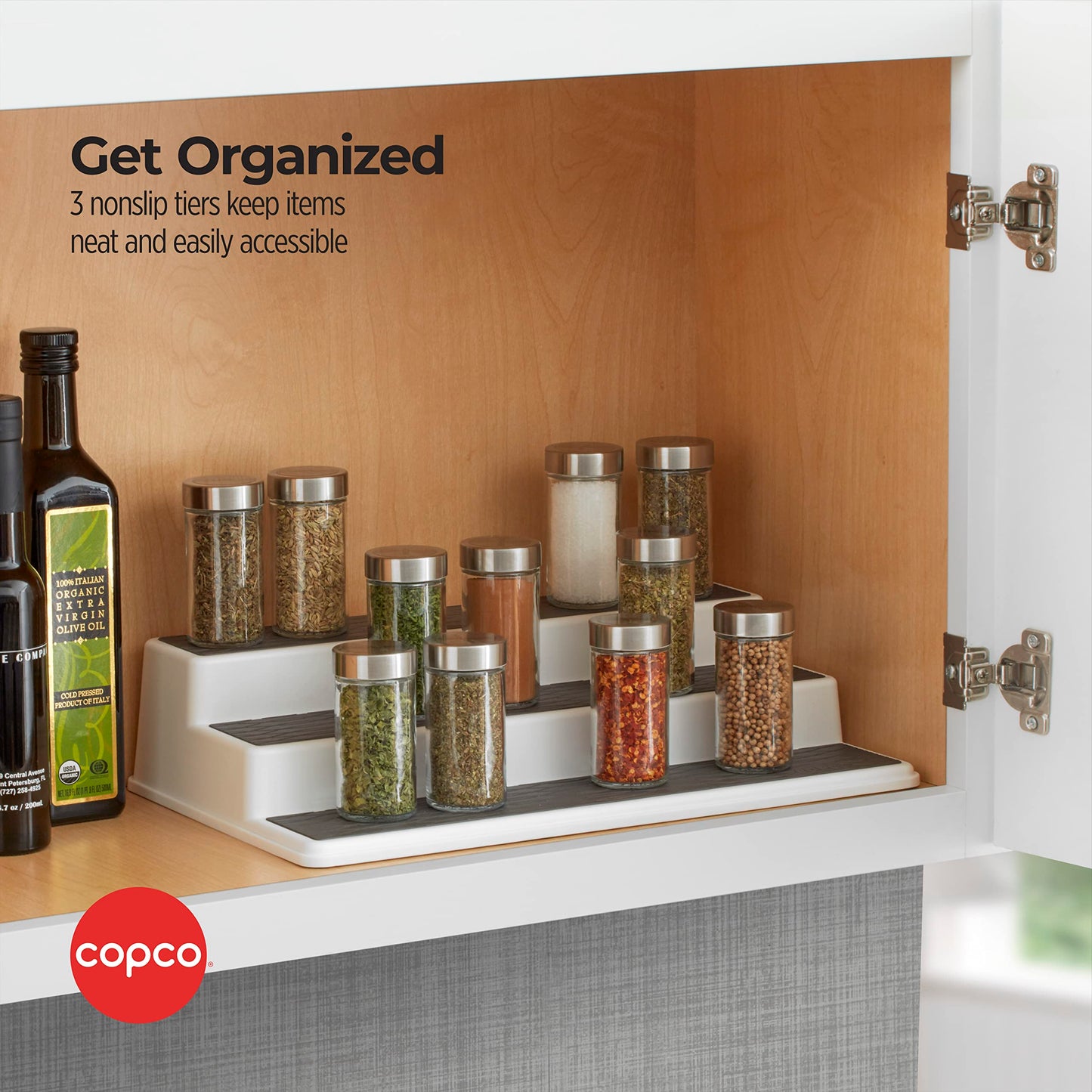 Copco 3-Tier Spice Rack Organizer for Cabinet - Non-Skid Pantry Organizer and Storage, 15 Inch Tiered Shelf for Spices, Cans, Sauces - White and Gray Kitchen Cabinet Organizer