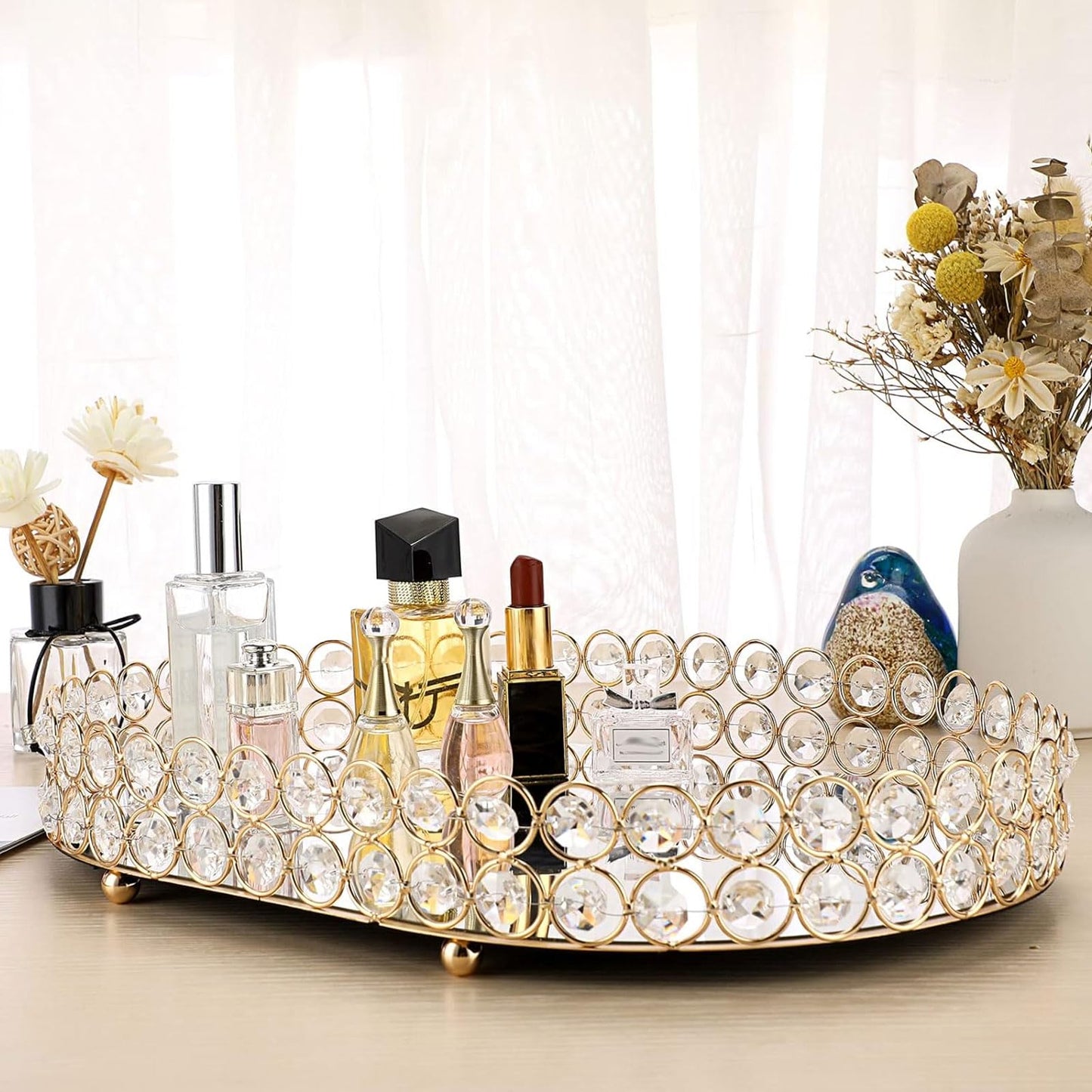 Hipiwe Crystal Vanity Tray Mirrored Dresser Perfume Trays for Makeup Tray Cosmetic Skin Care Storage, Jewelry Trinket Organizer Tray for Bathroom Countertop Home Decor (Large, Gold)