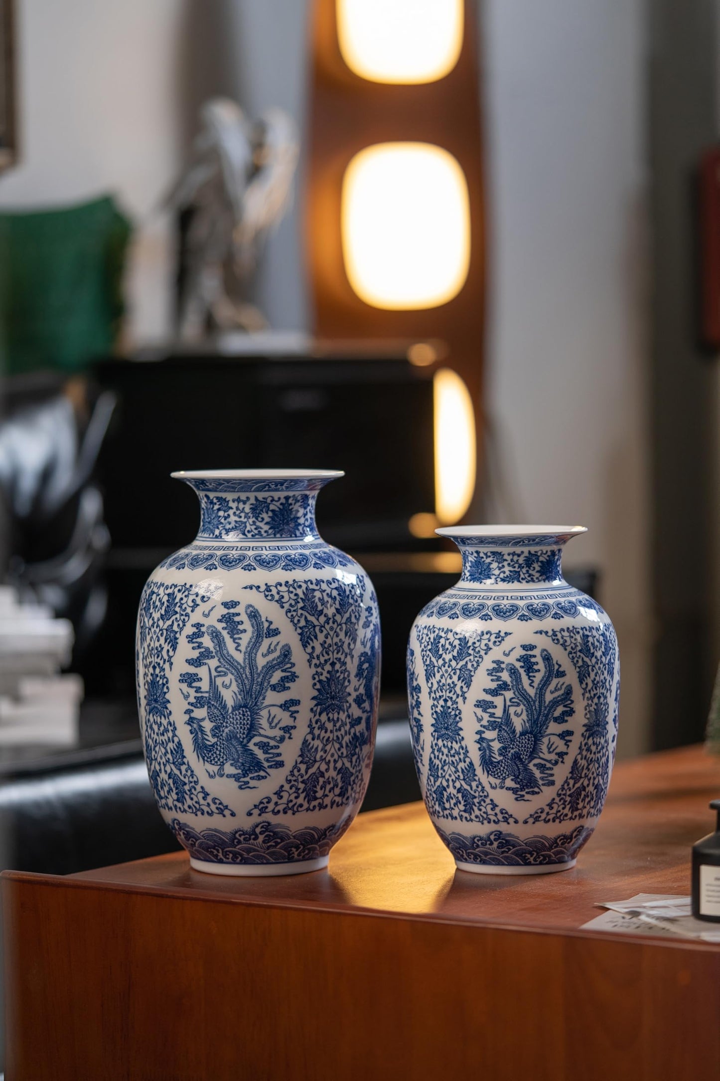 Blue and White Vase, Large Chinoiserie Vase Porcelain, Ginger Jar, Mantel Decor for Living Room & Home,11" H
