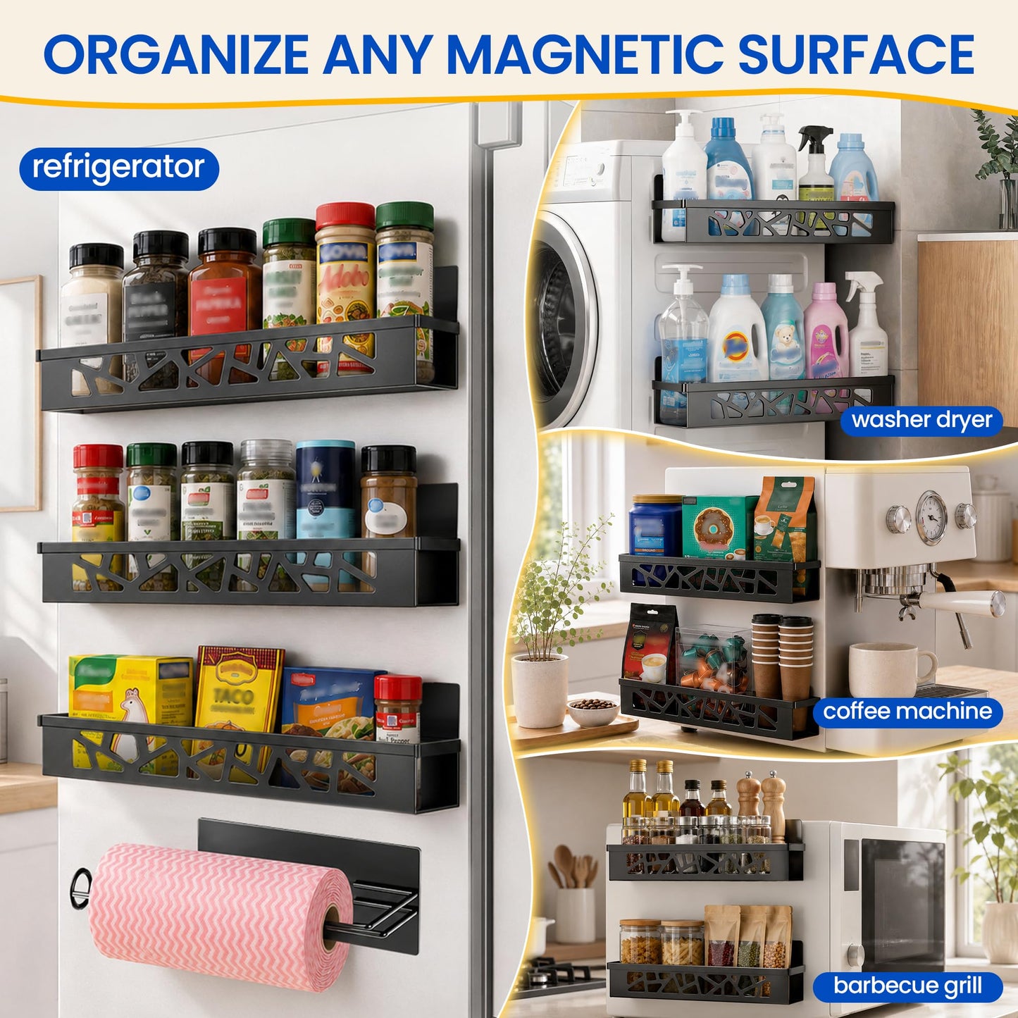 Magnetic Spice Rack with Paper Towel Holder,4 Pack refrigerator organizer